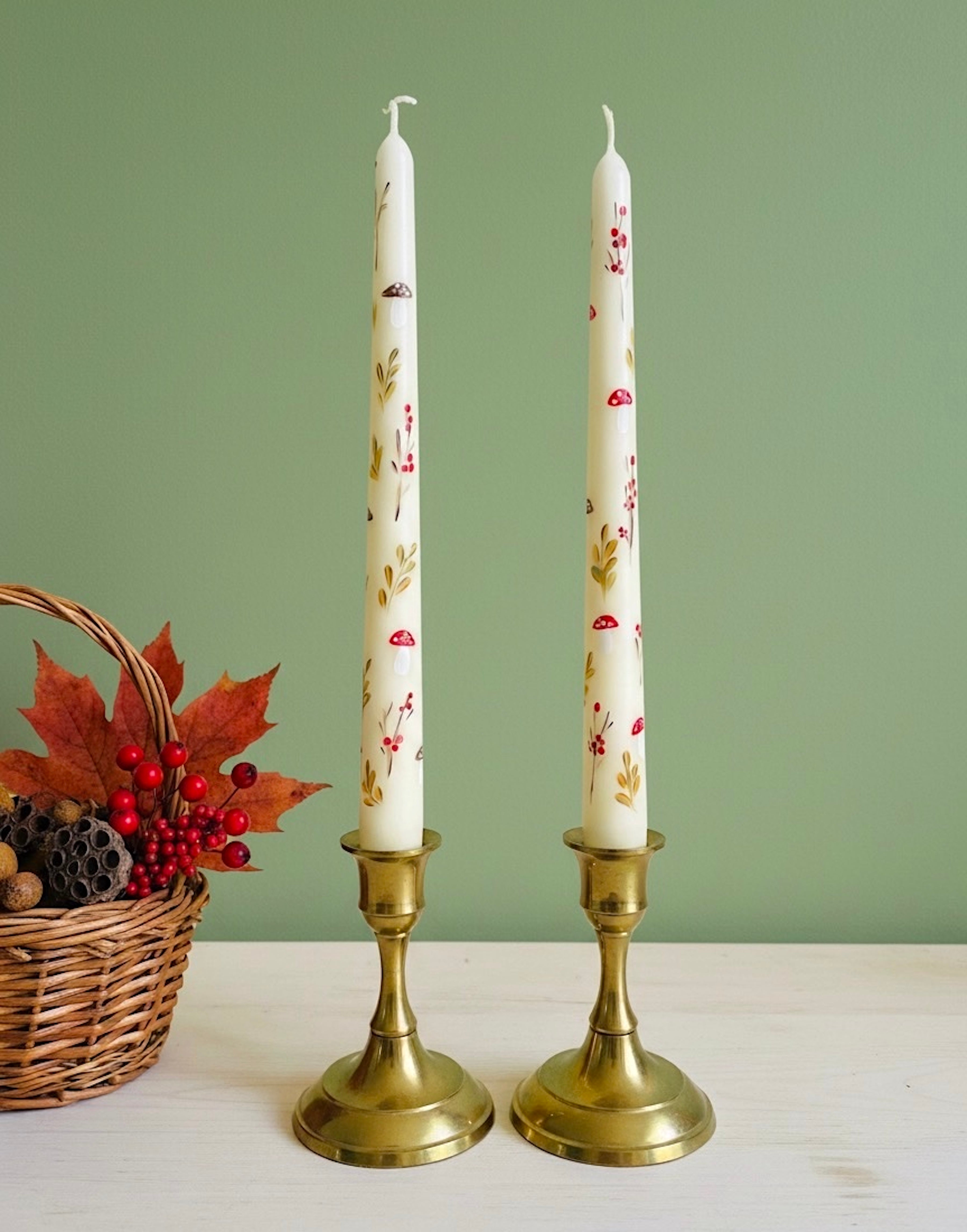 Little Fall Mushrooms - Set of 2 Hand Painted Taper Candles