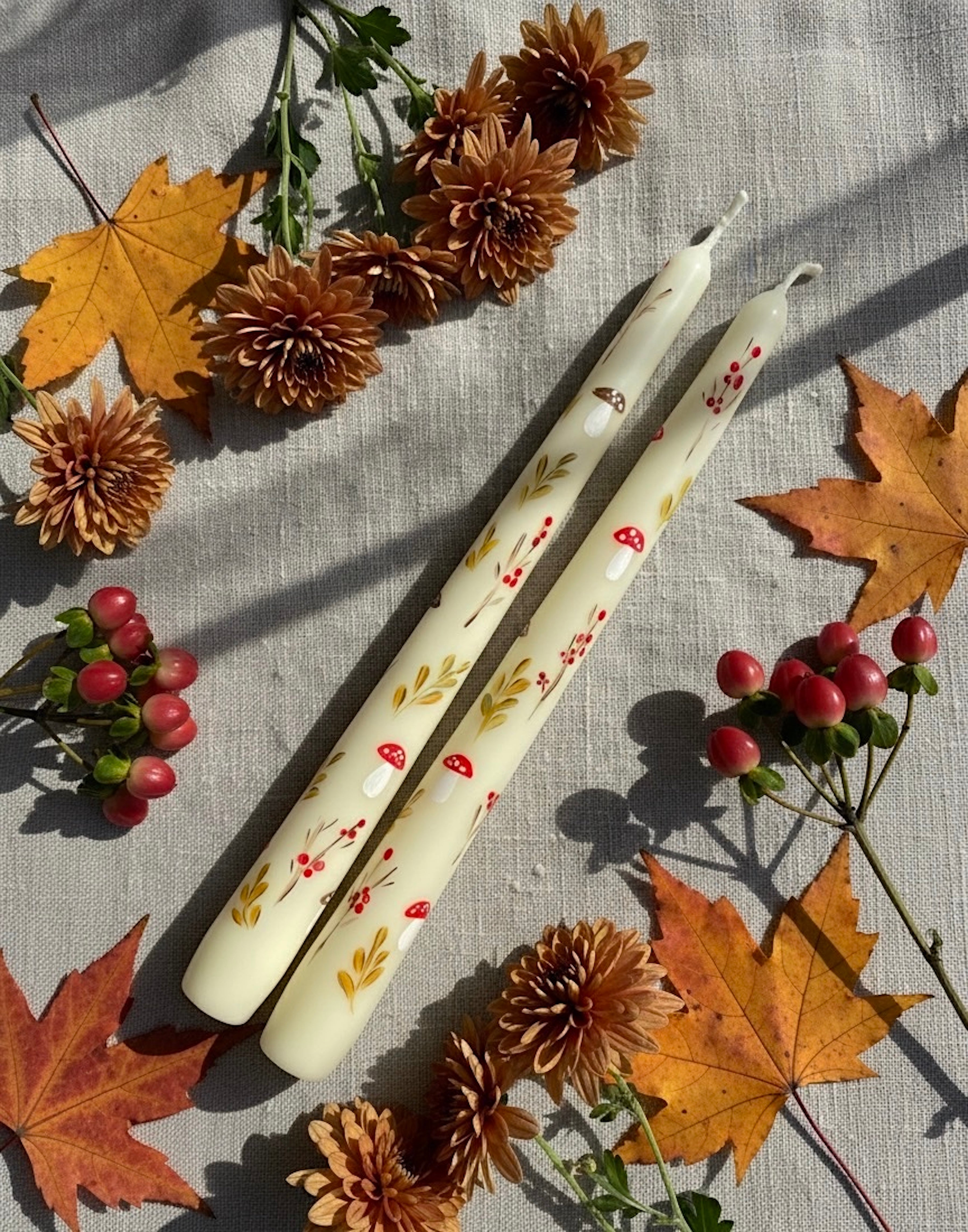 Little Fall Mushrooms - Set of 2 Hand Painted Taper Candles