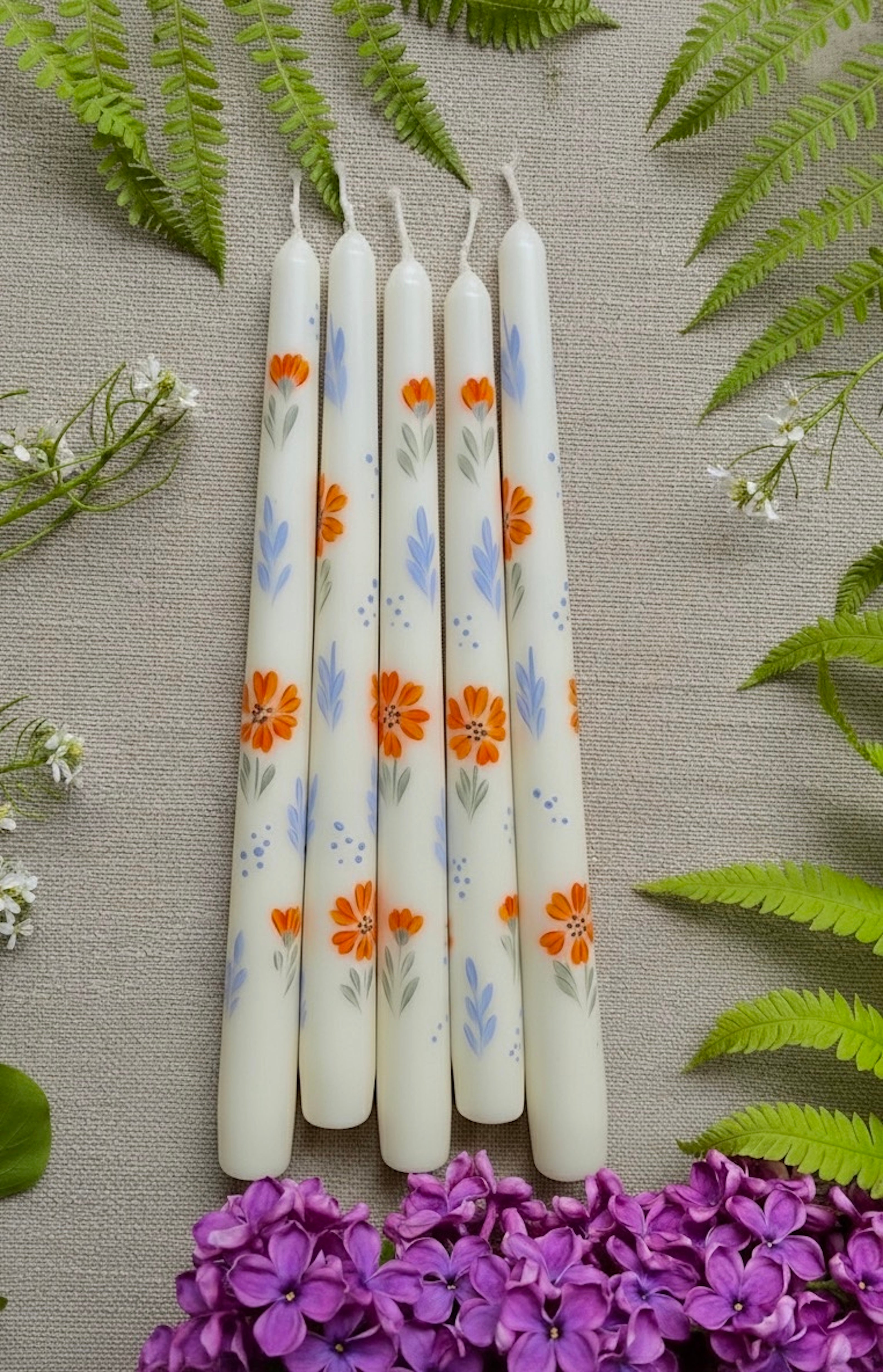 Orange Flowers with Blue Leaf- Set of 2 Hand Painted Taper Candles