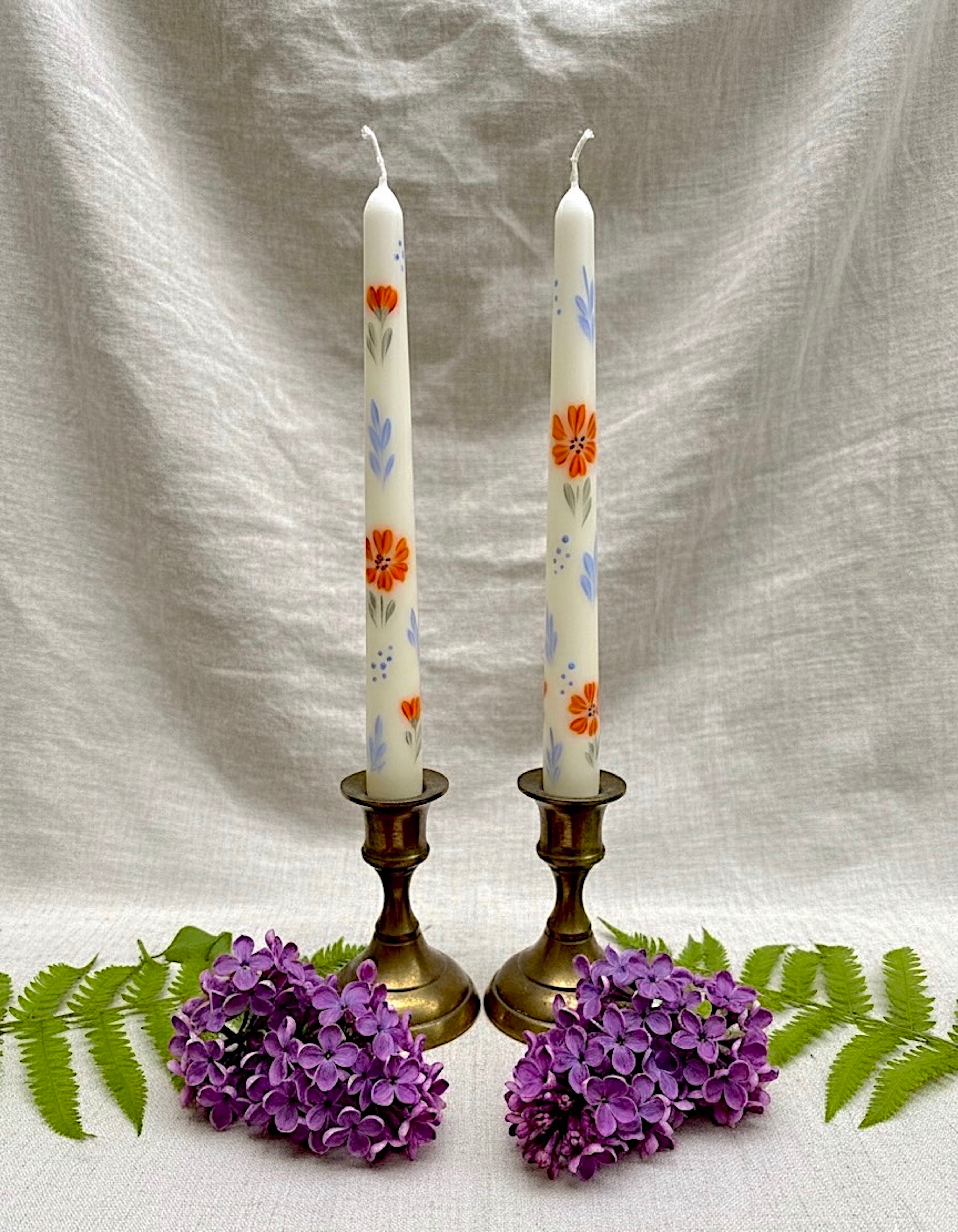 Orange Flowers with Blue Leaf- Set of 2 Hand Painted Taper Candles