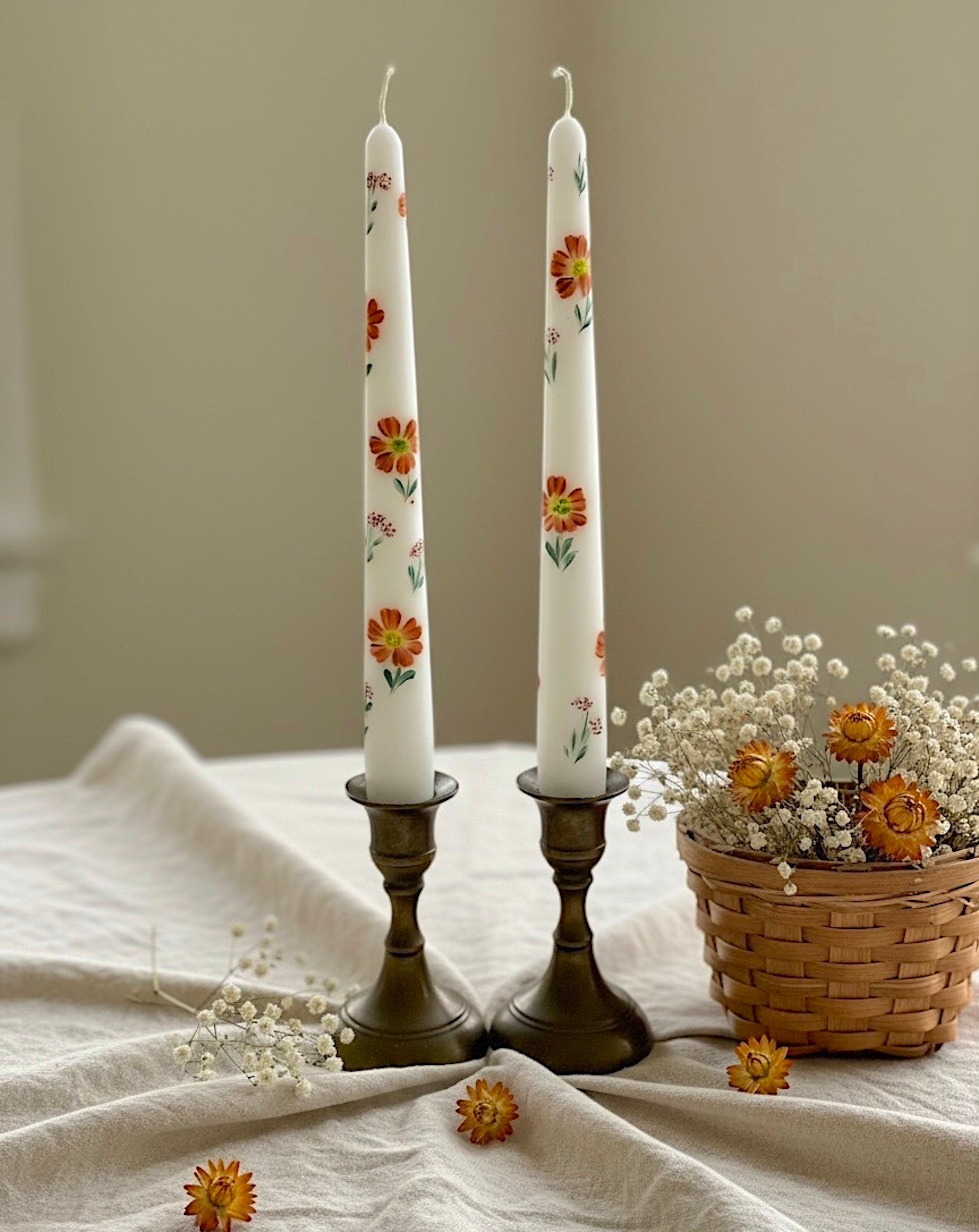 Little Fall Flowers - Set of 2 Hand Painted Taper Candles