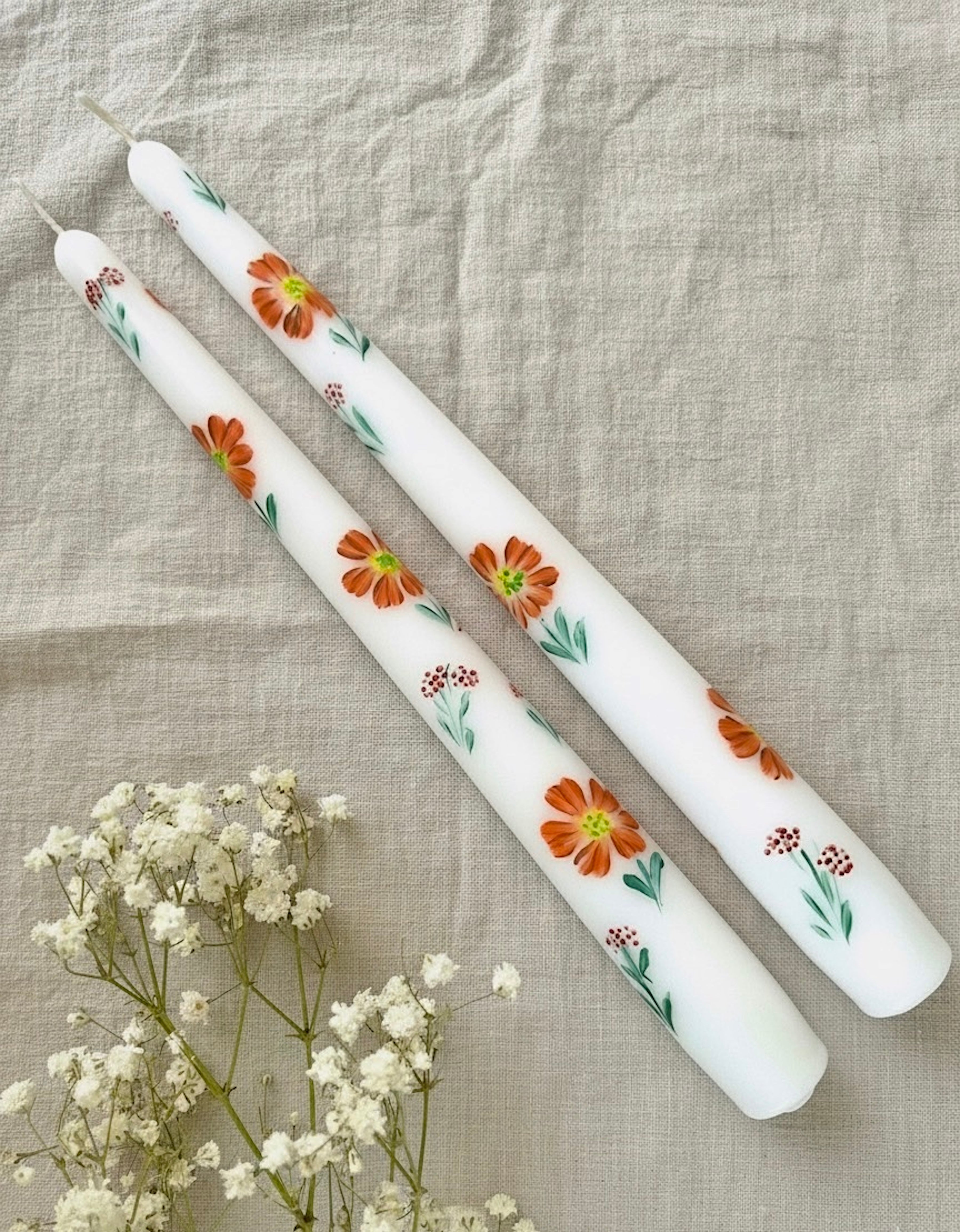 Little Fall Flowers - Set of 2 Hand Painted Taper Candles