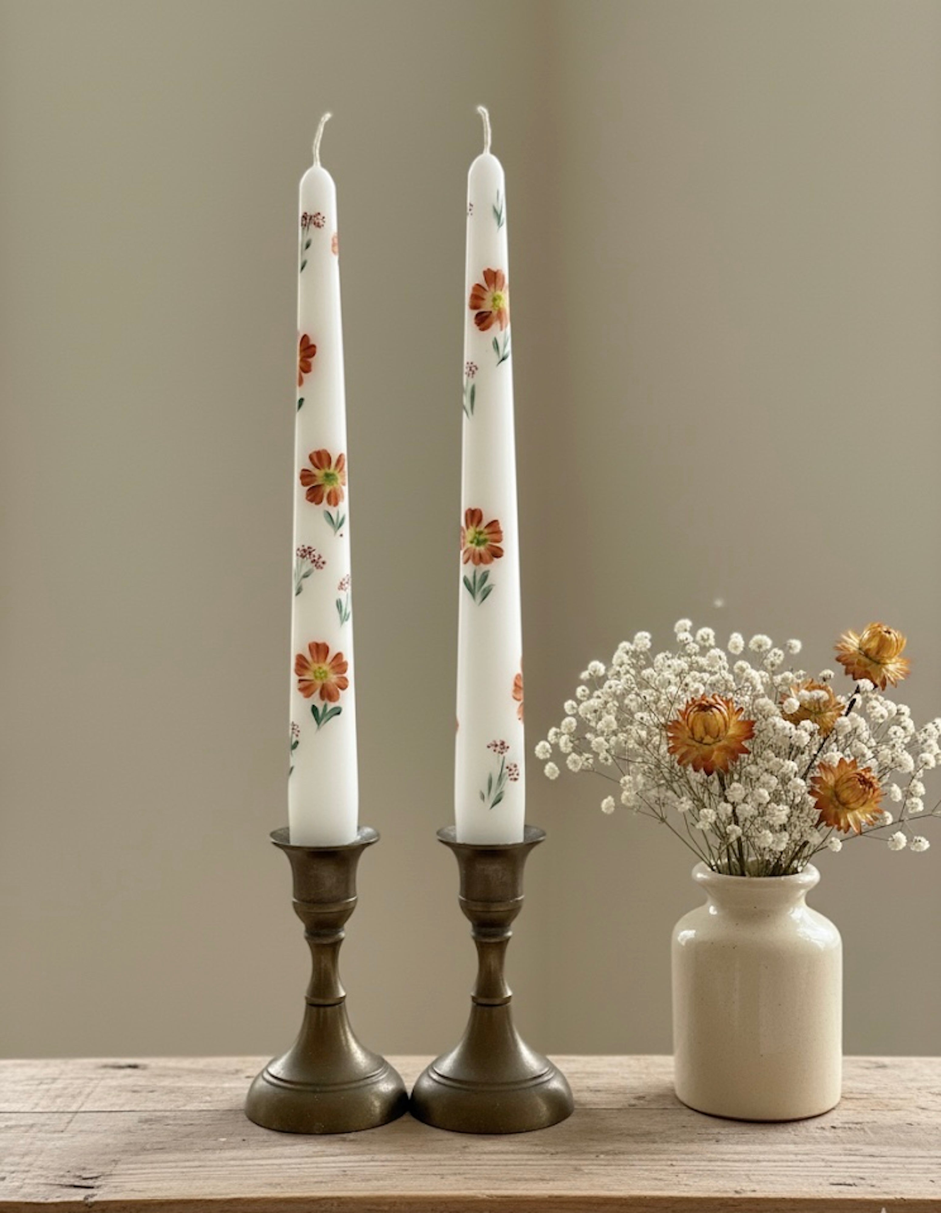 Little Fall Flowers - Set of 2 Hand Painted Taper Candles