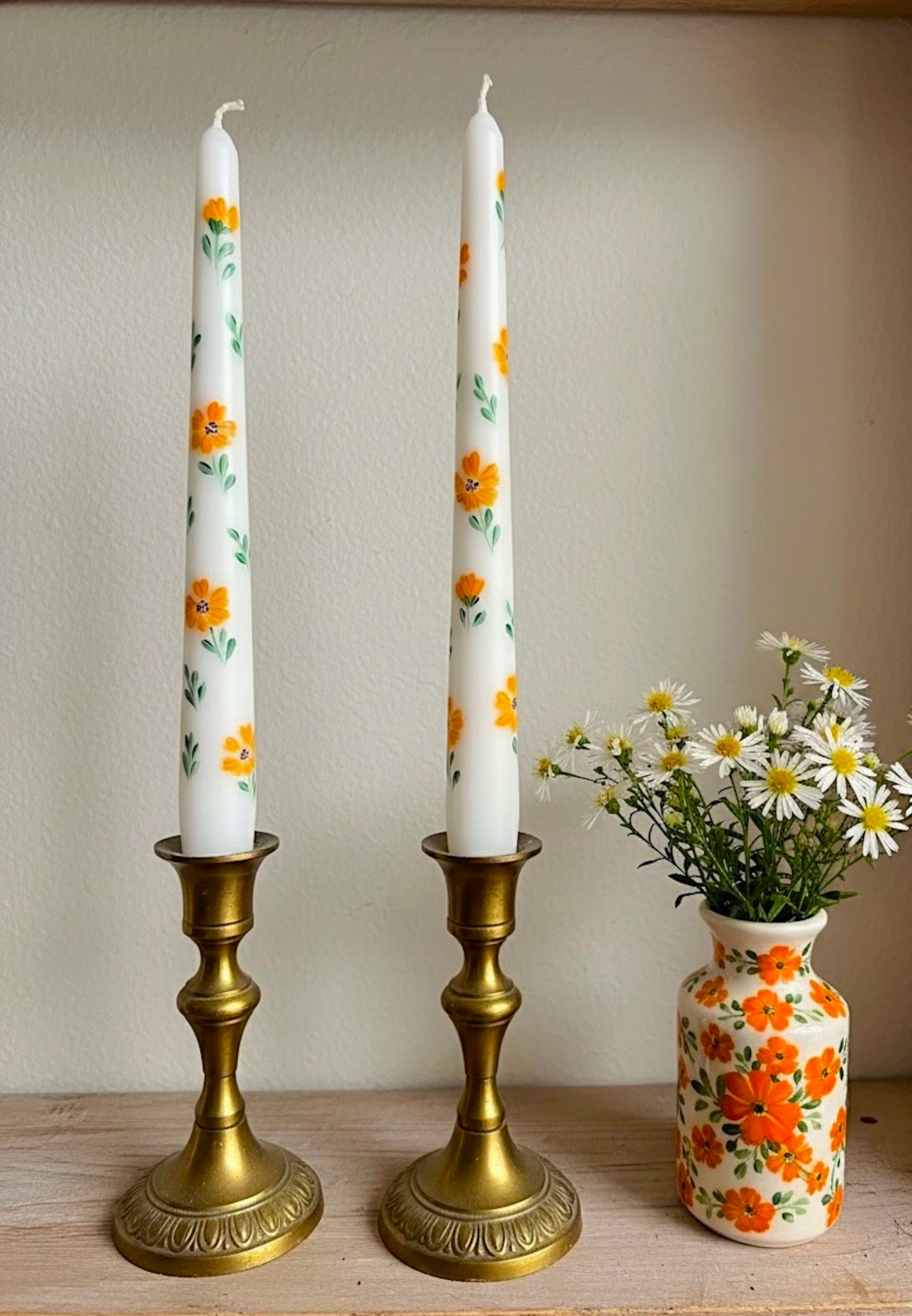 Orange Flowers - Set of 2 Hand Painted Taper Candles
