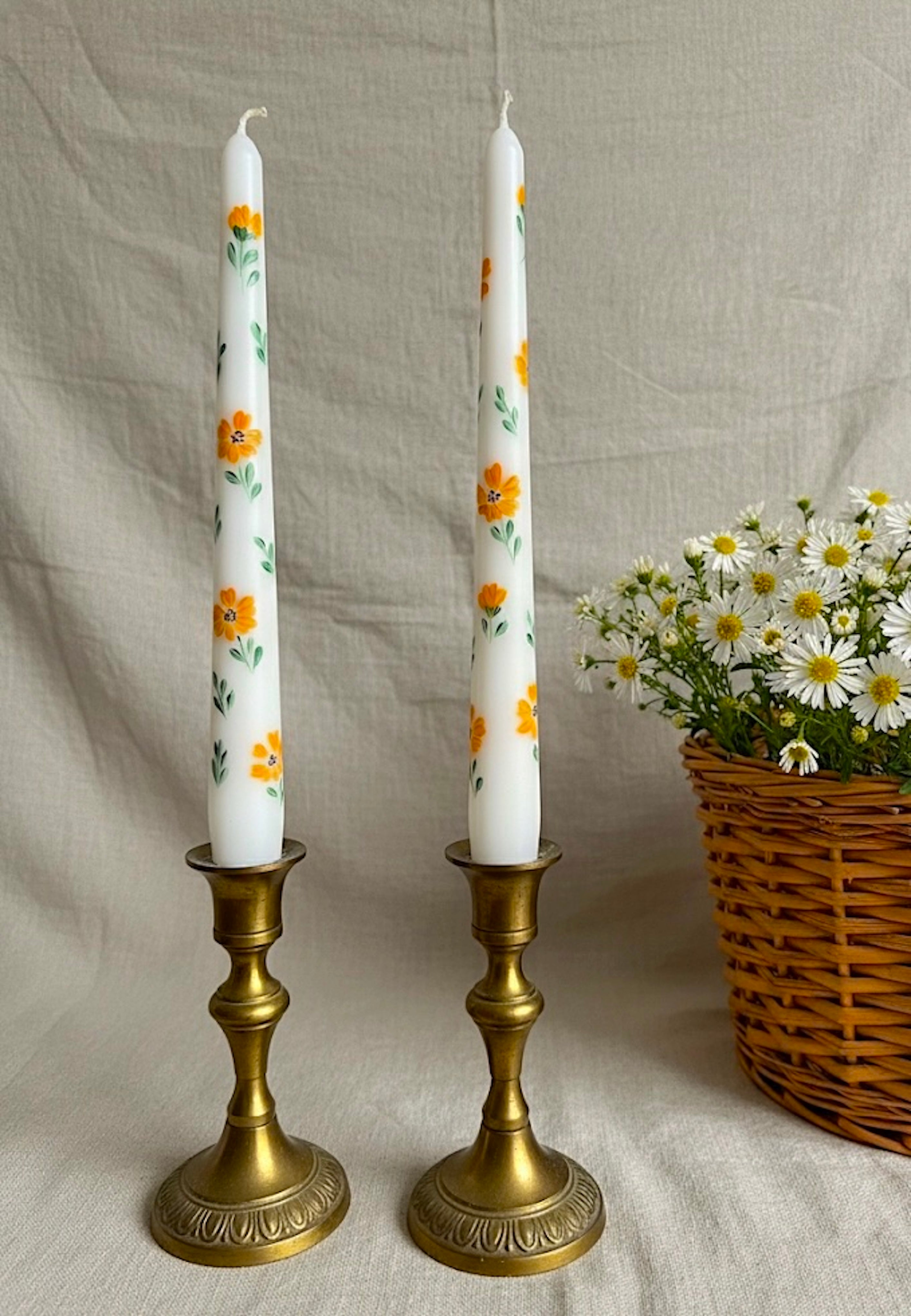 Orange Flowers - Set of 2 Hand Painted Taper Candles