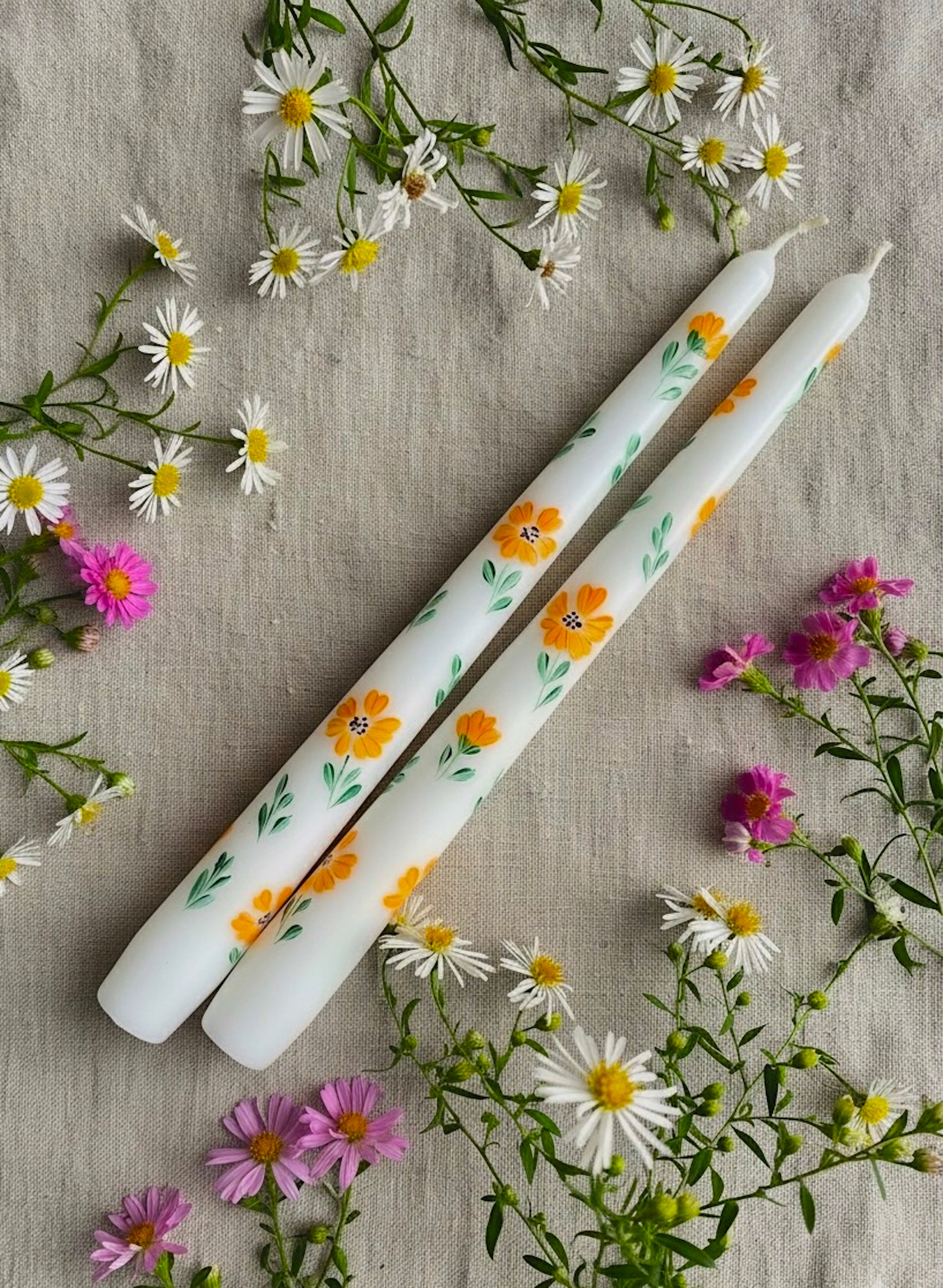 Orange Flowers - Set of 2 Hand Painted Taper Candles