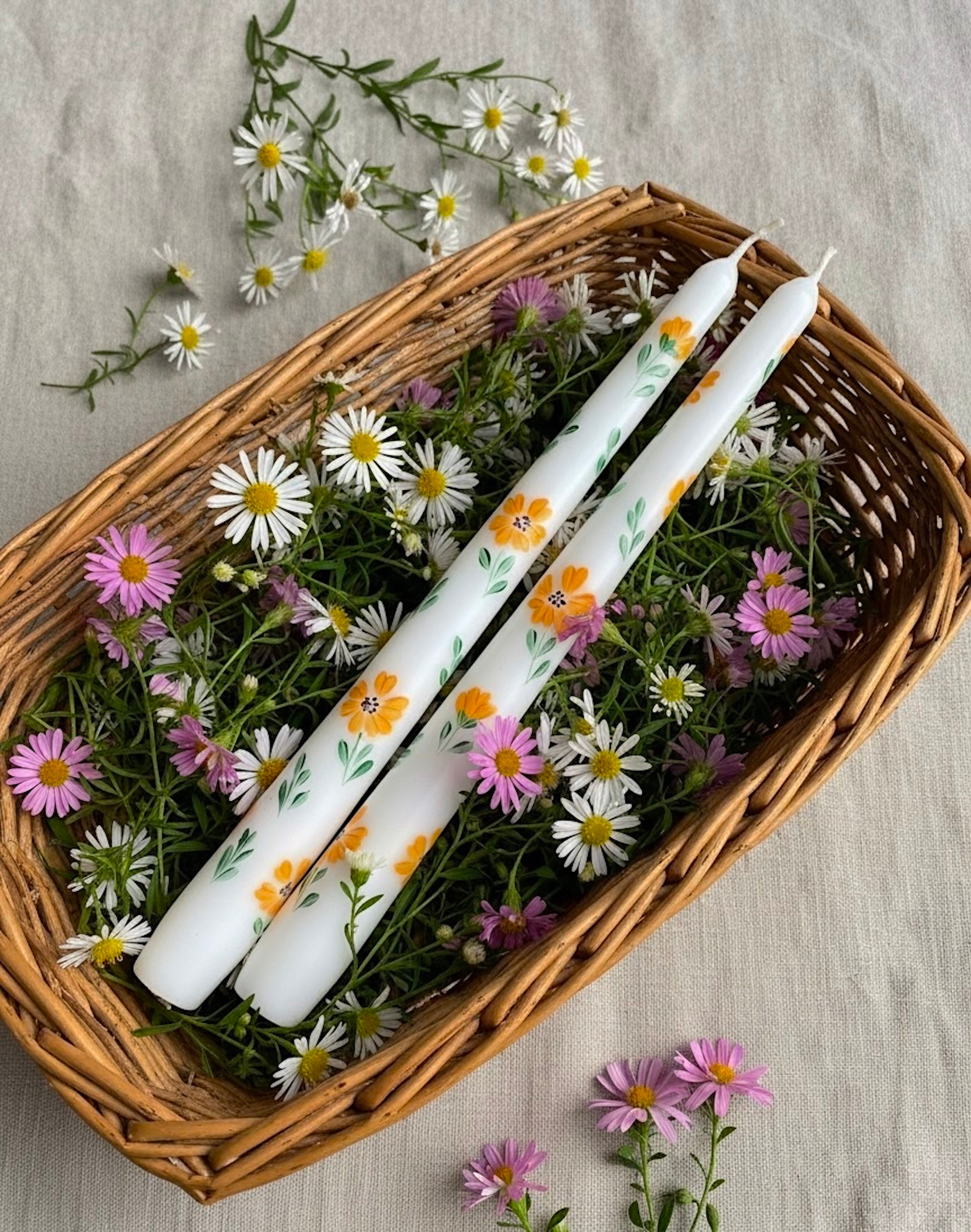 Orange Flowers - Set of 2 Hand Painted Taper Candles