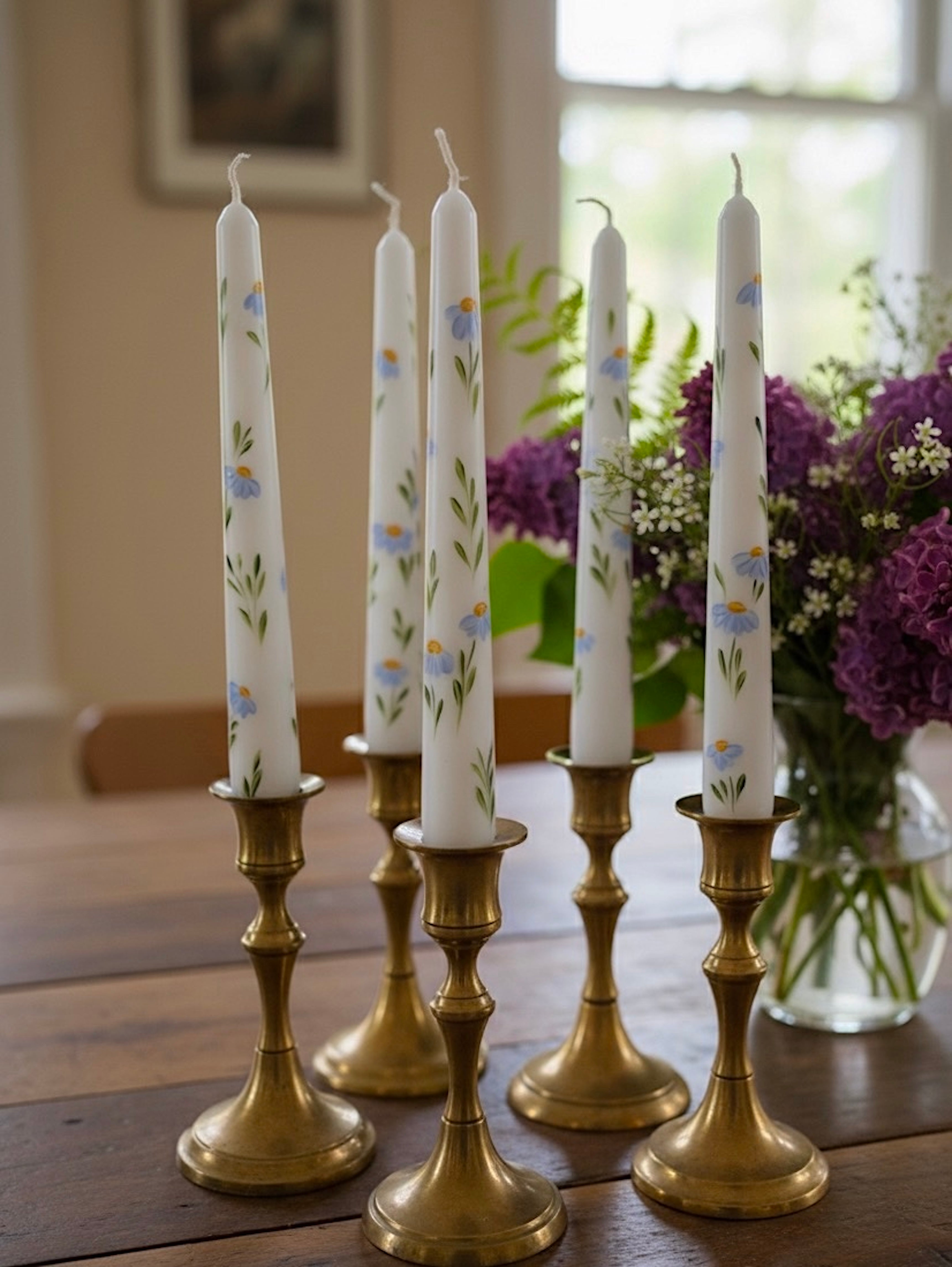 Blue Daisies- Set of 2 Hand Painted Taper Candles