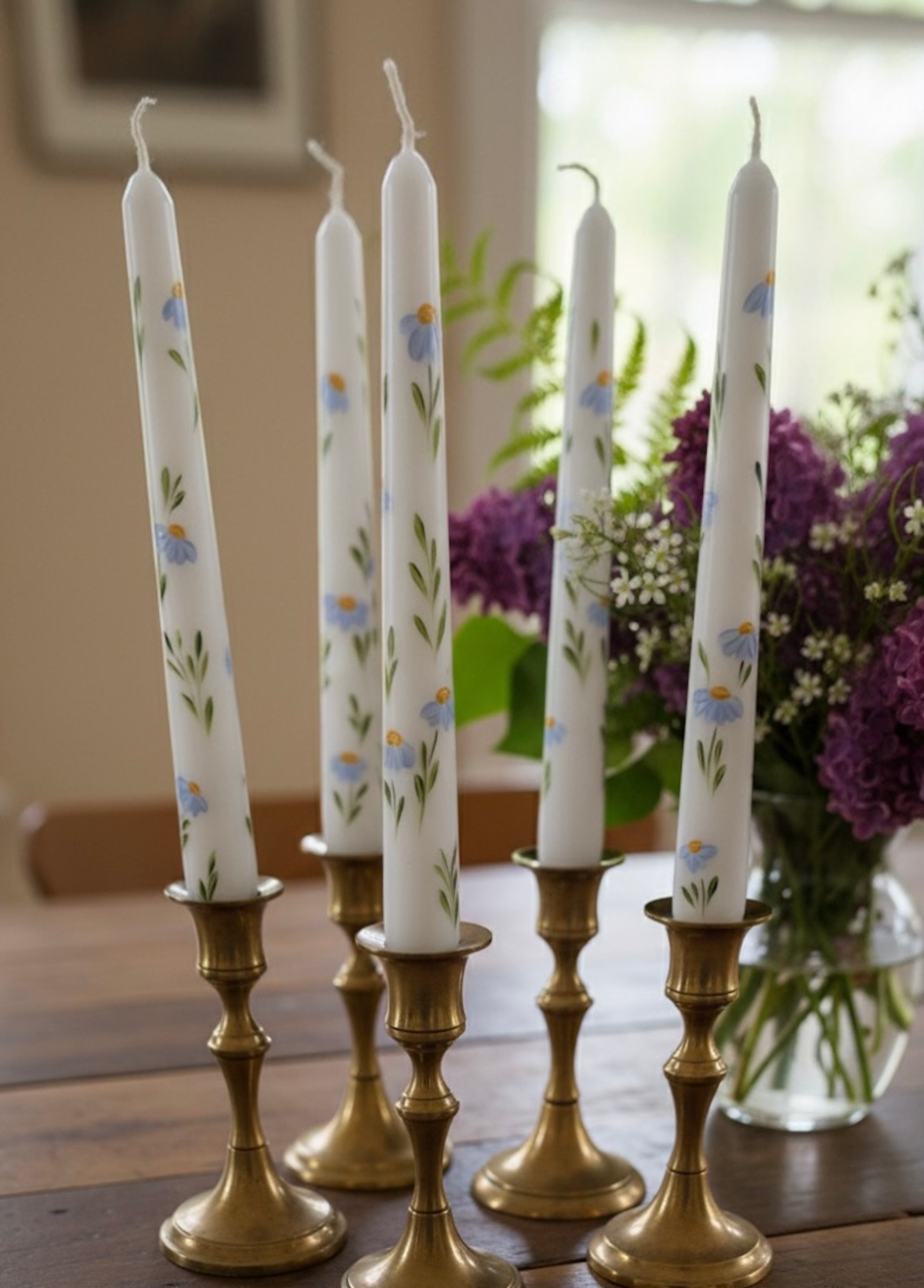 Blue Daisies- Set of 2 Hand Painted Taper Candles