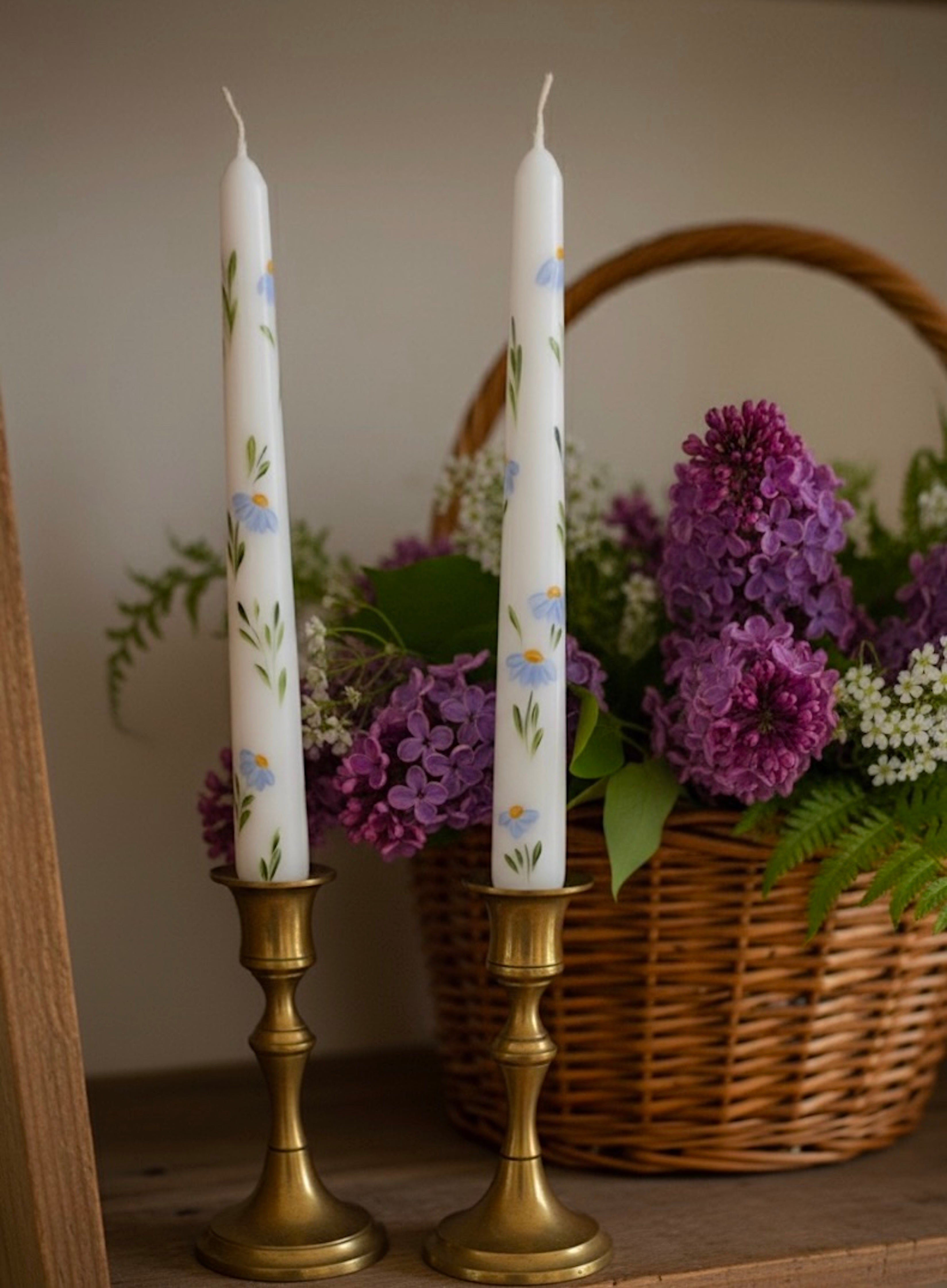 Blue Daisies- Set of 2 Hand Painted Taper Candles