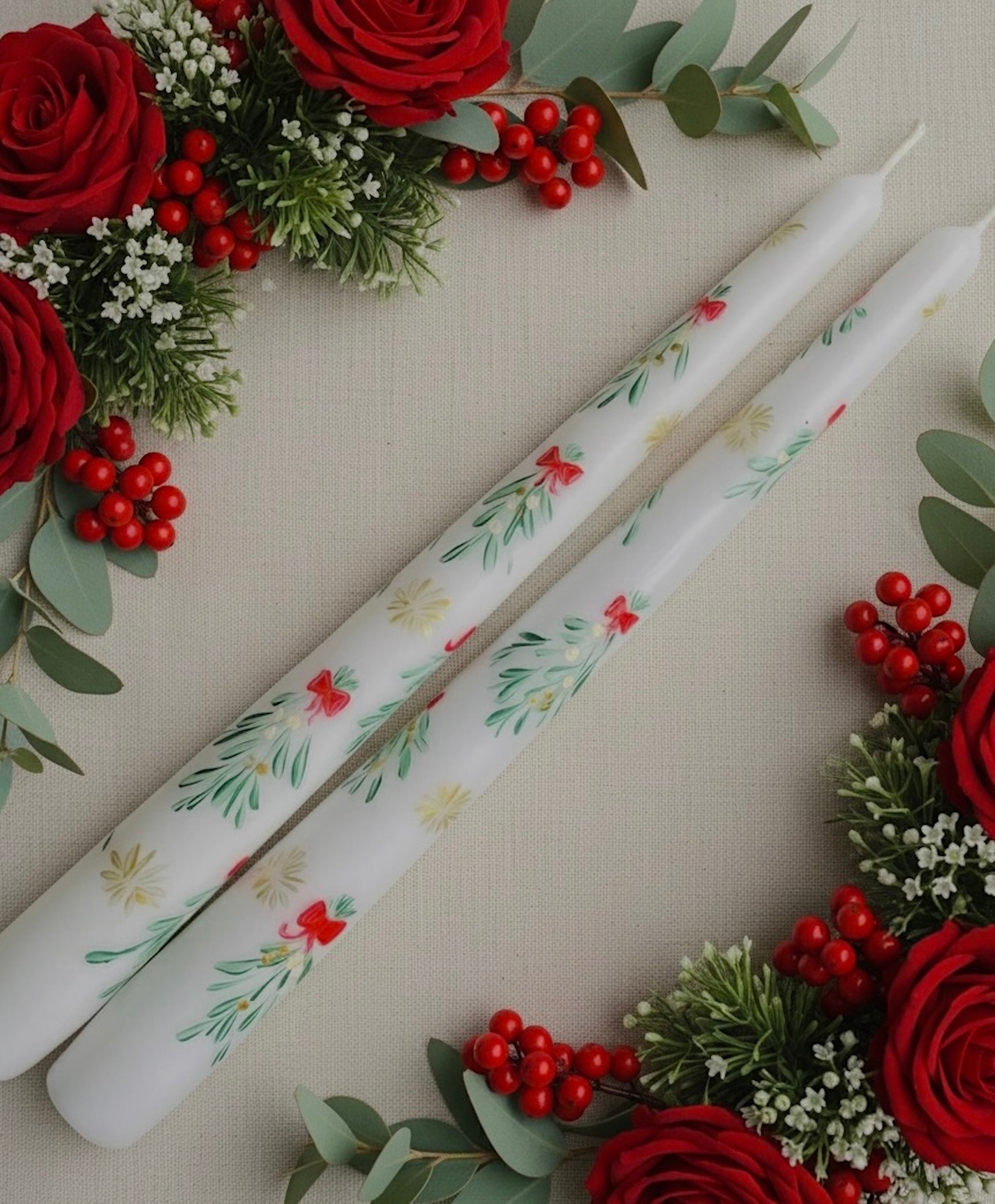 Mistletoe - Set of 2 Hand Painted Taper Candles