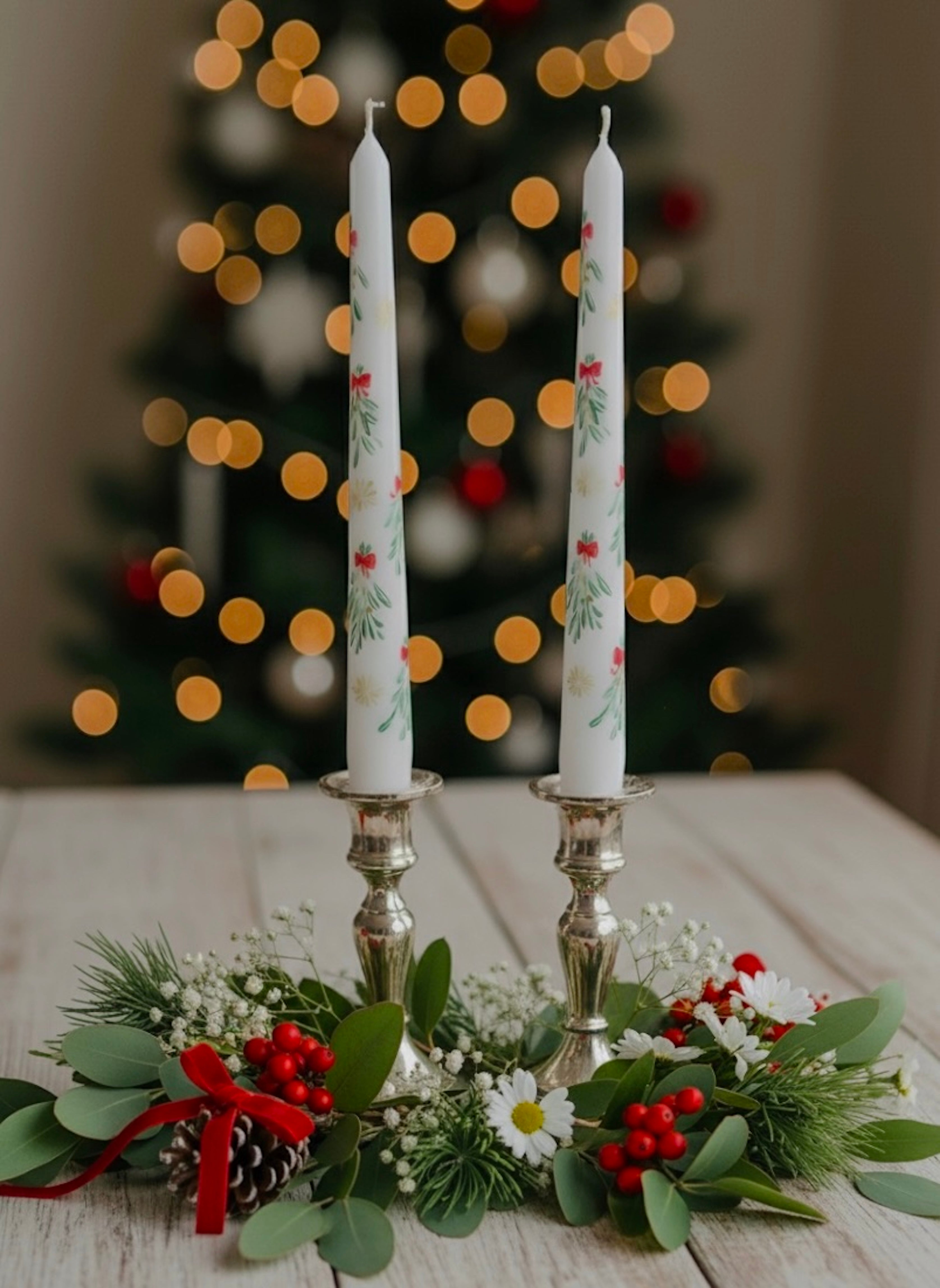 Mistletoe - Set of 2 Hand Painted Taper Candles