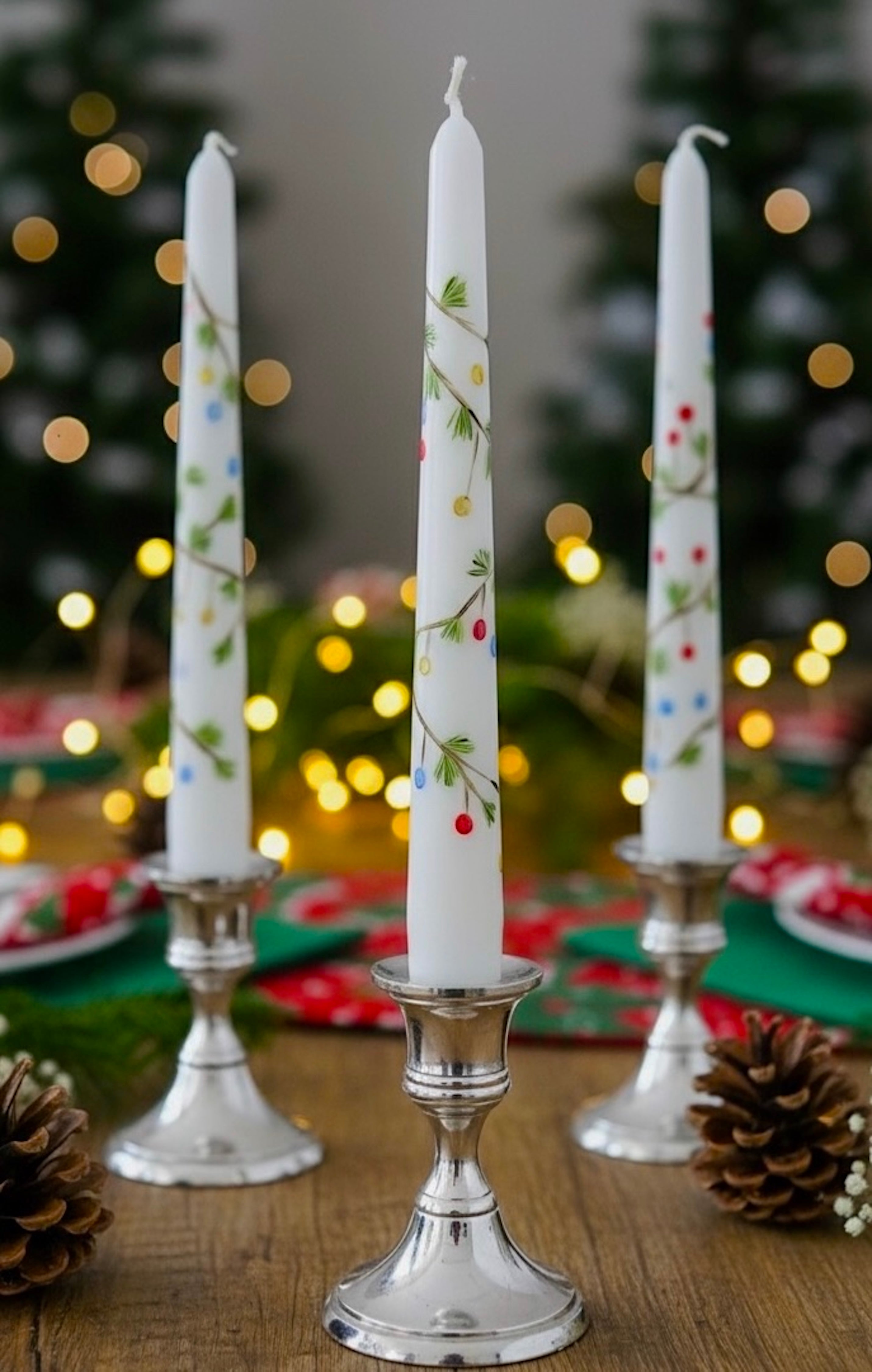 Colorful Winter - Set of 2 Hand Painted Taper Candles