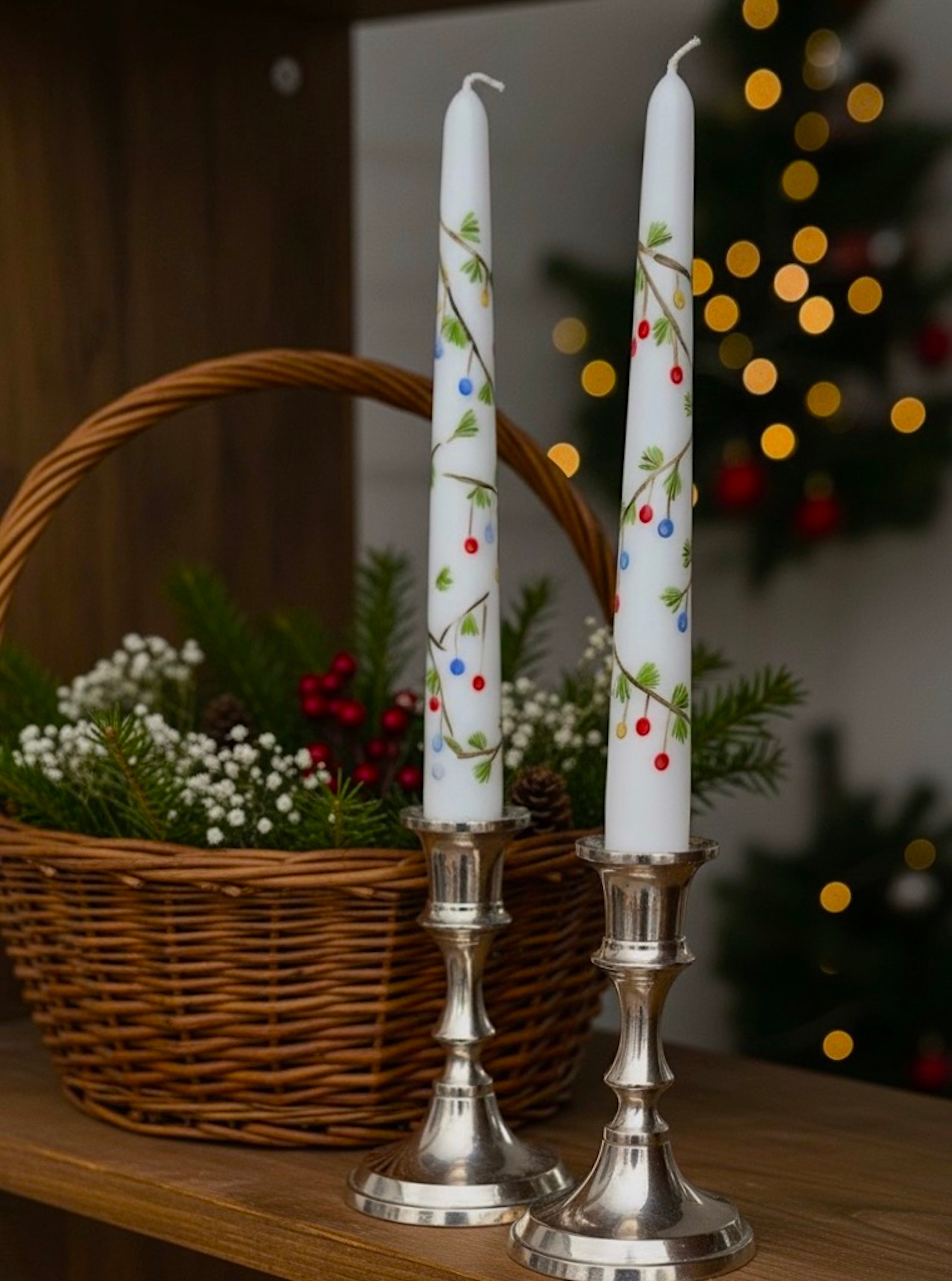Colorful Winter - Set of 2 Hand Painted Taper Candles