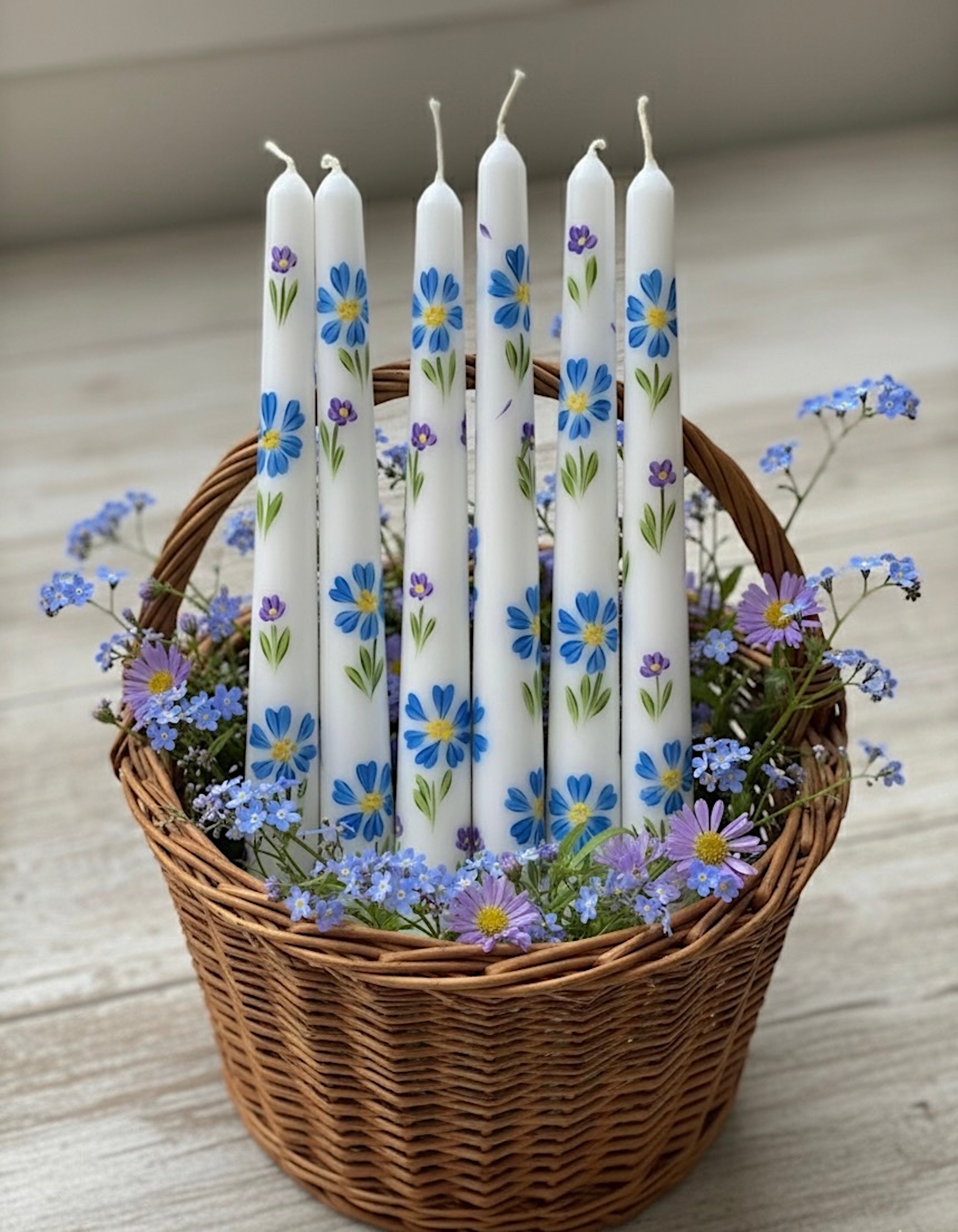 Blue Flowers with Tiny Purples - Set of 2 Hand Painted Taper Candles.