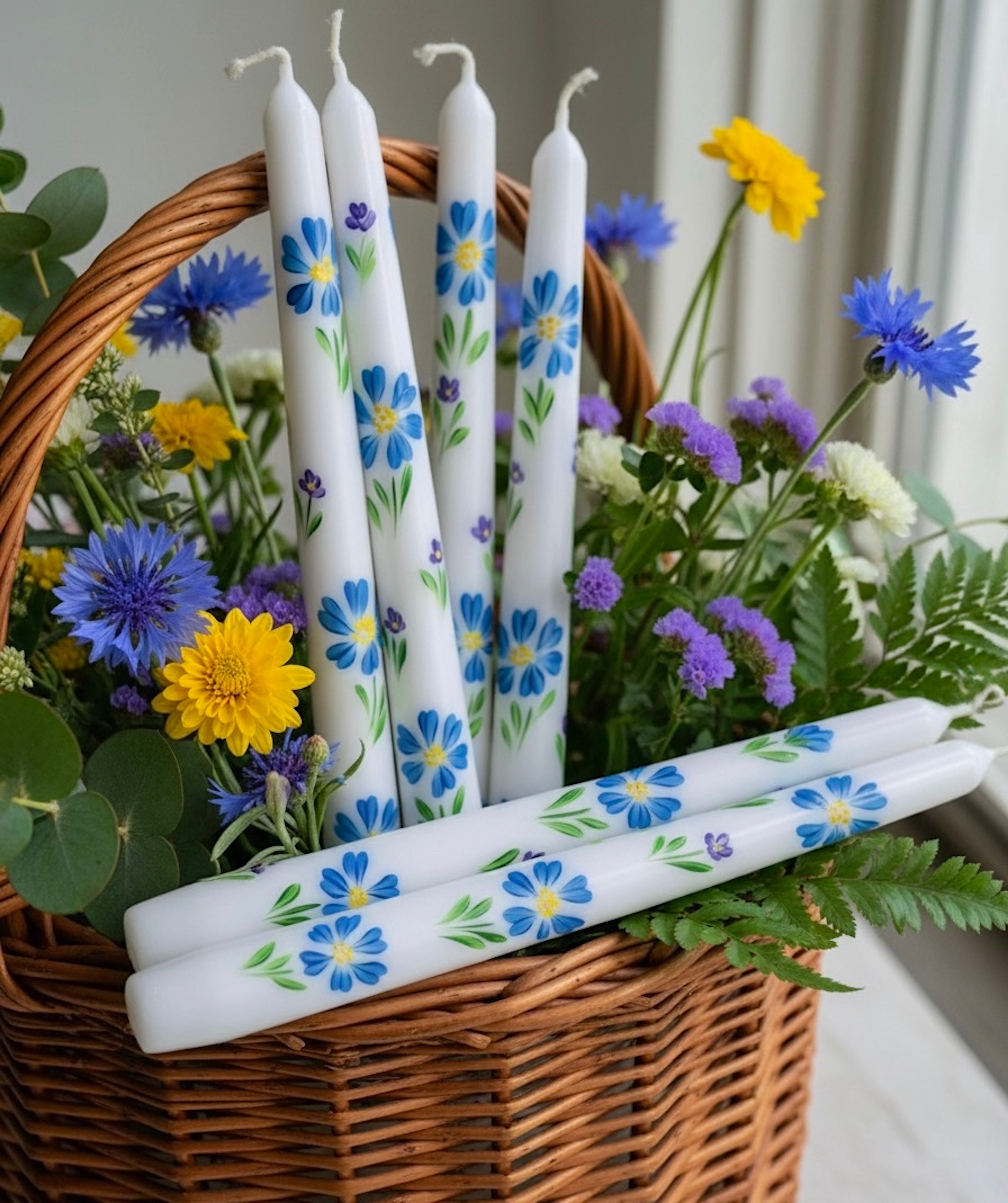 Blue Flowers with Tiny Purples - Set of 2 Hand Painted Taper Candles.