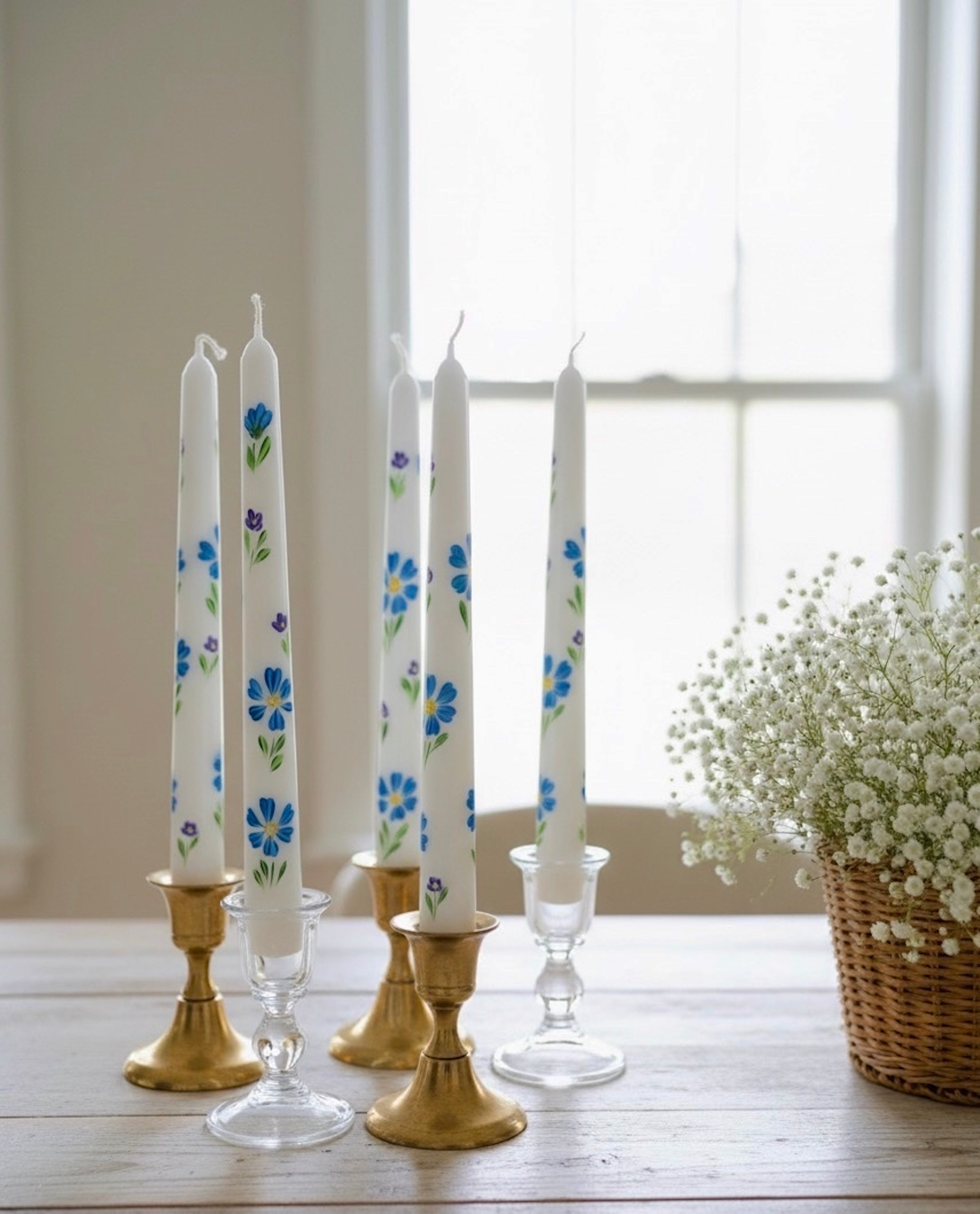Blue Flowers with Tiny Purples - Set of 2 Hand Painted Taper Candles.