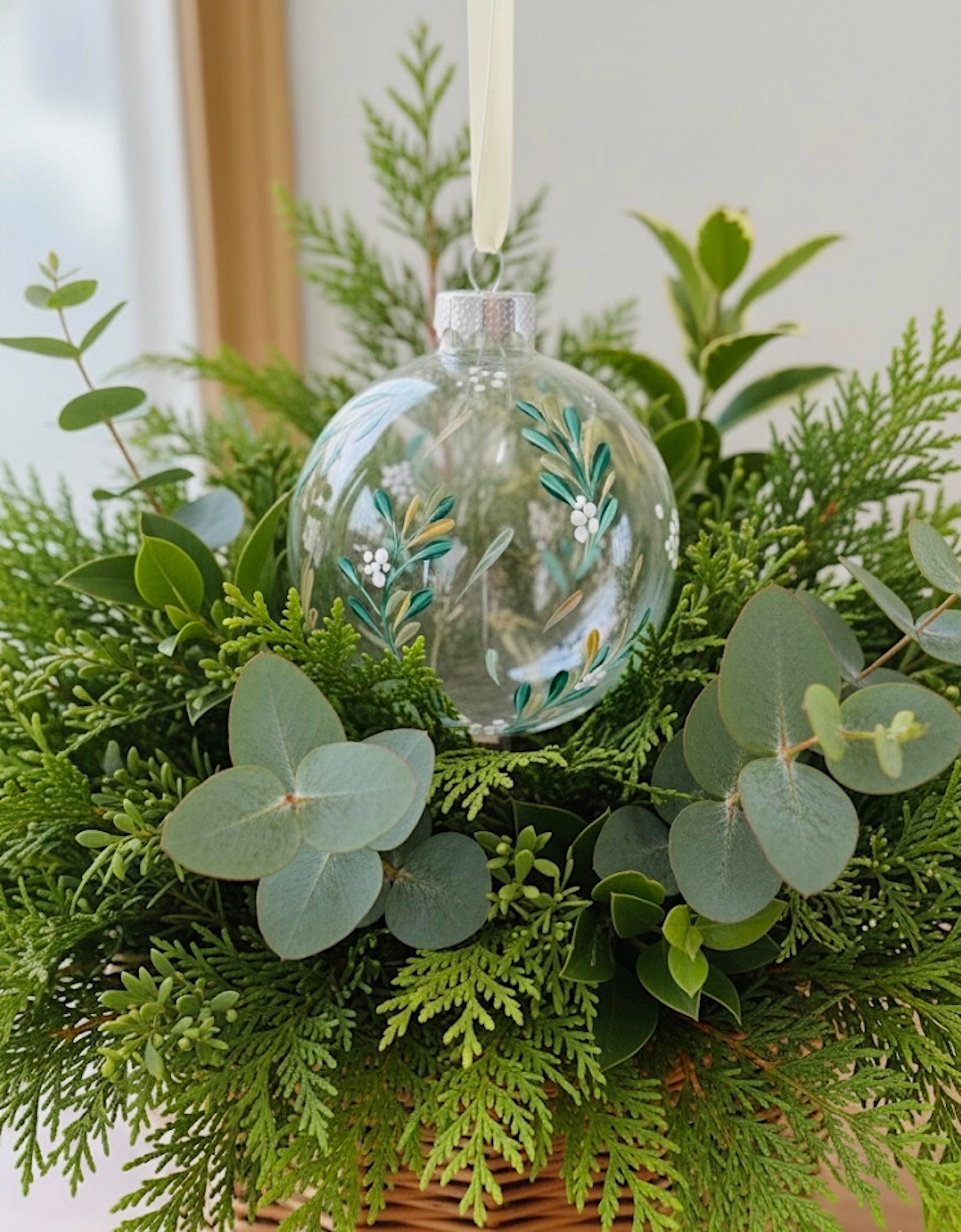 Winter Greenery- Hand Painted Ornament 3"