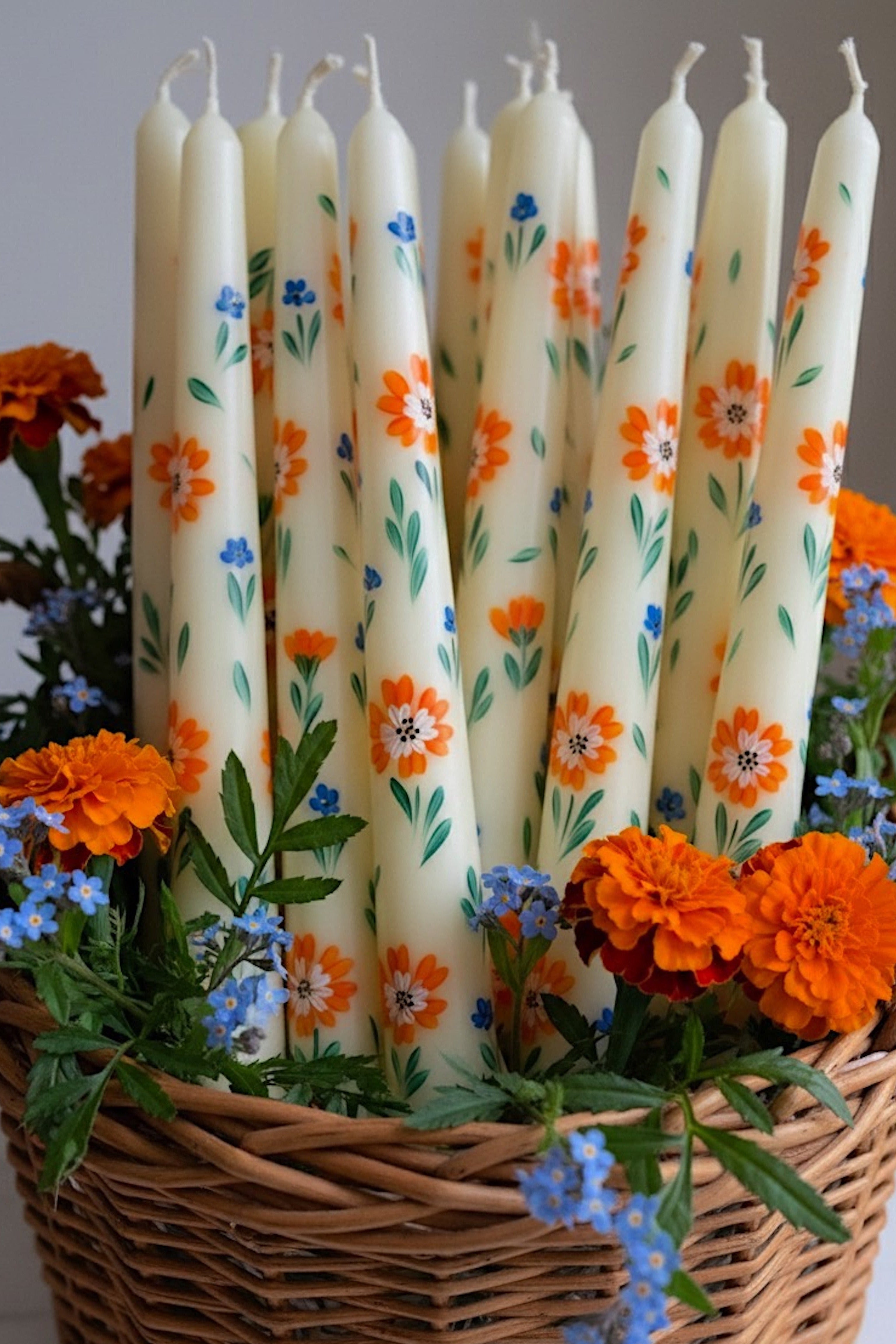 Orange Flowers with Tiny Blue - Set of 2 Hand Painted Taper Candles