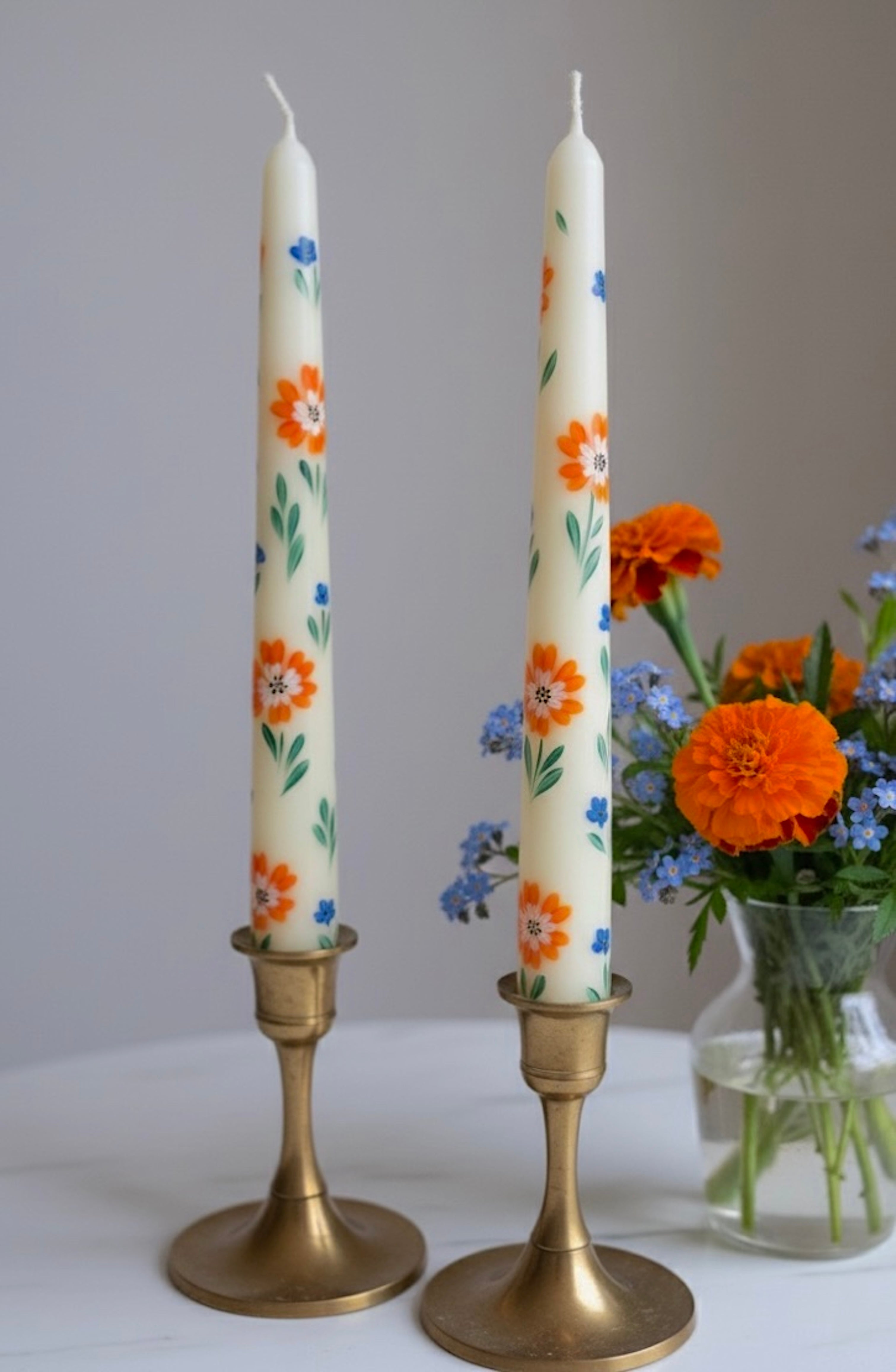 Orange Flowers with Tiny Blue - Set of 2 Hand Painted Taper Candles