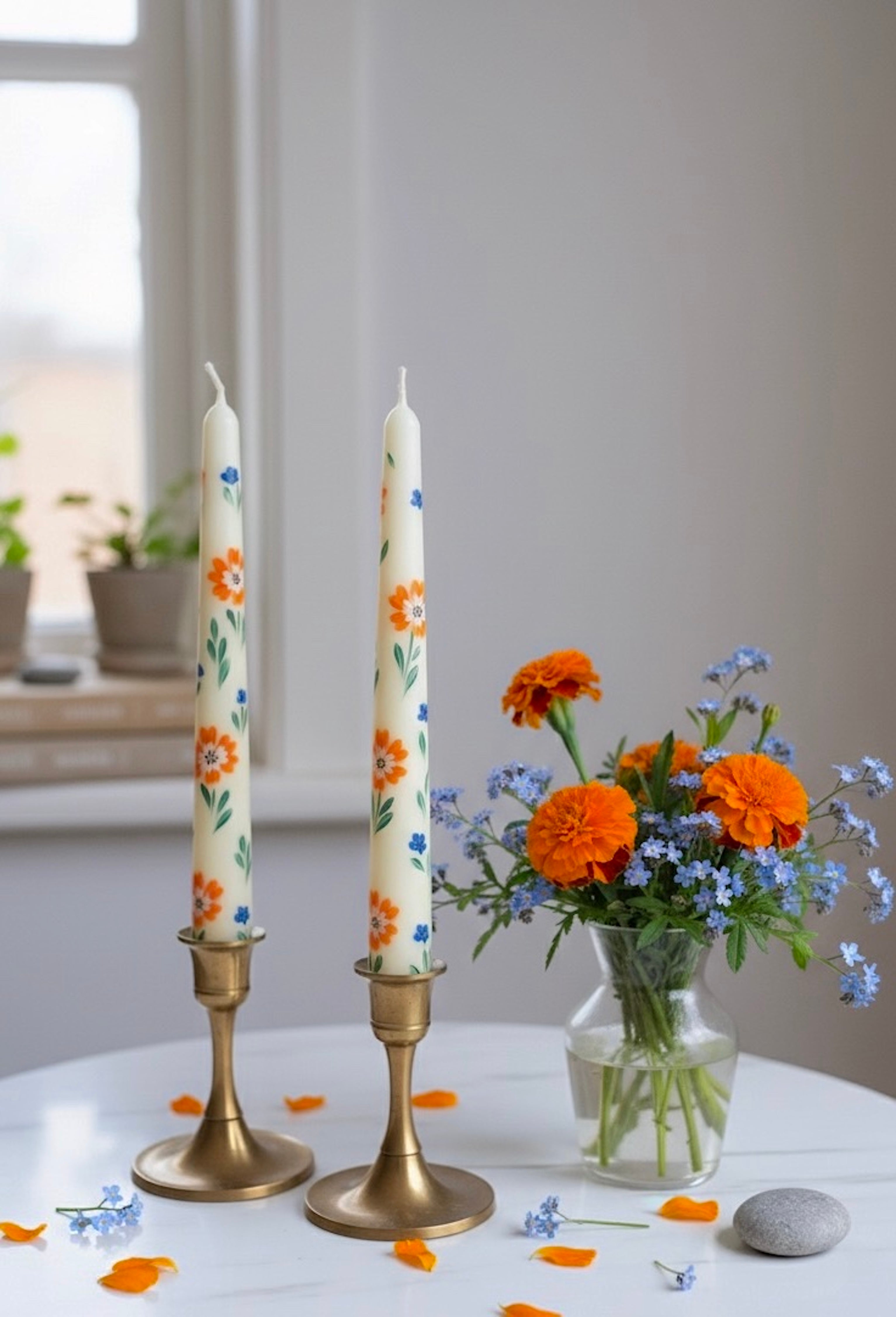 Orange Flowers with Tiny Blue - Set of 2 Hand Painted Taper Candles