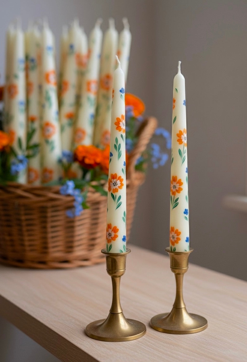 Orange Flowers with Tiny Blue - Set of 2 Hand Painted Taper Candles