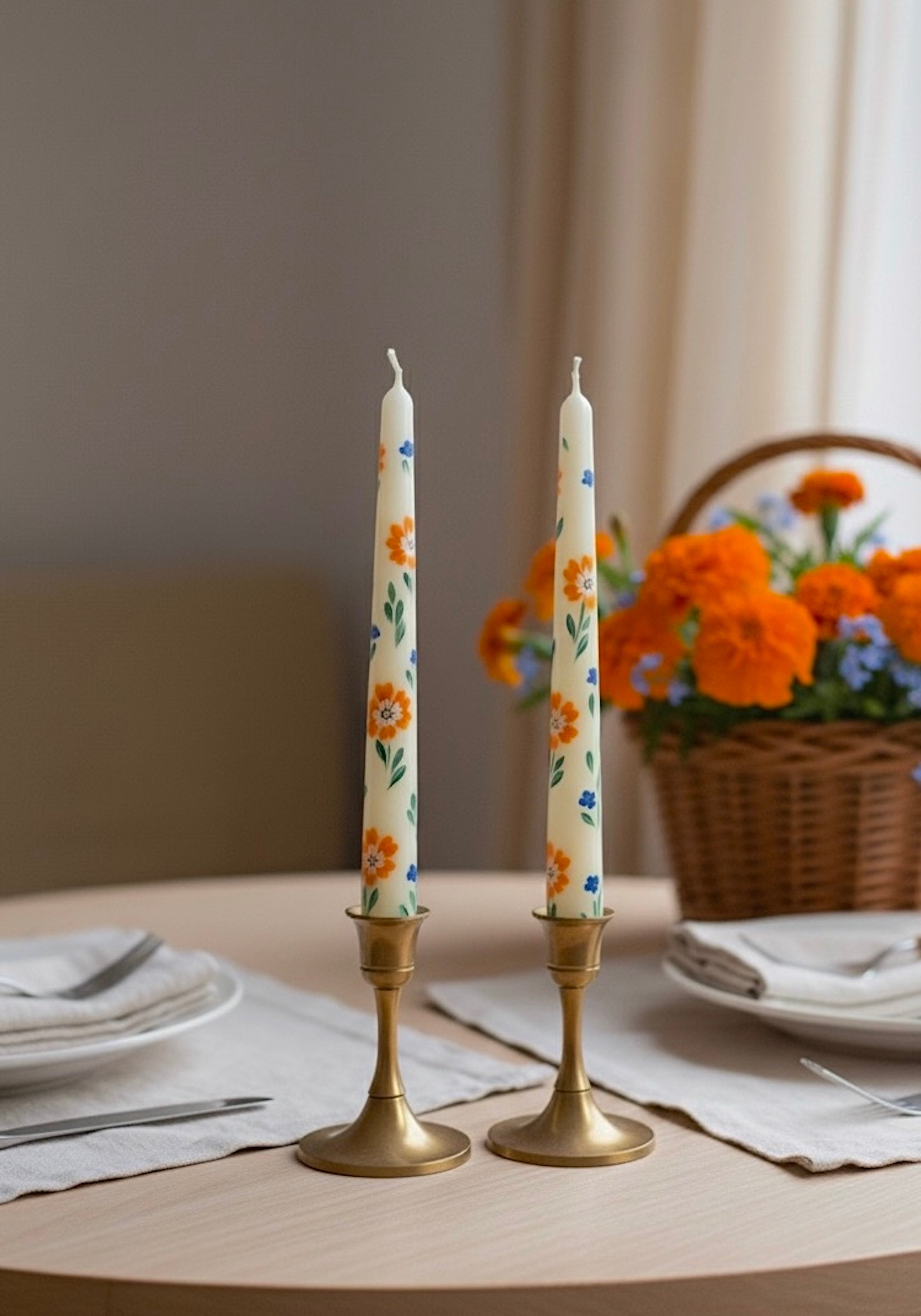 Orange Flowers with Tiny Blue - Set of 2 Hand Painted Taper Candles
