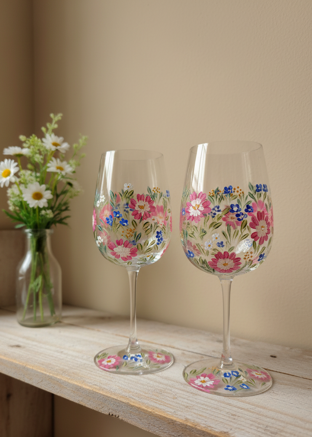 Two floral-patterned wine glasses on a wooden surface with a vase of flowers in the background.