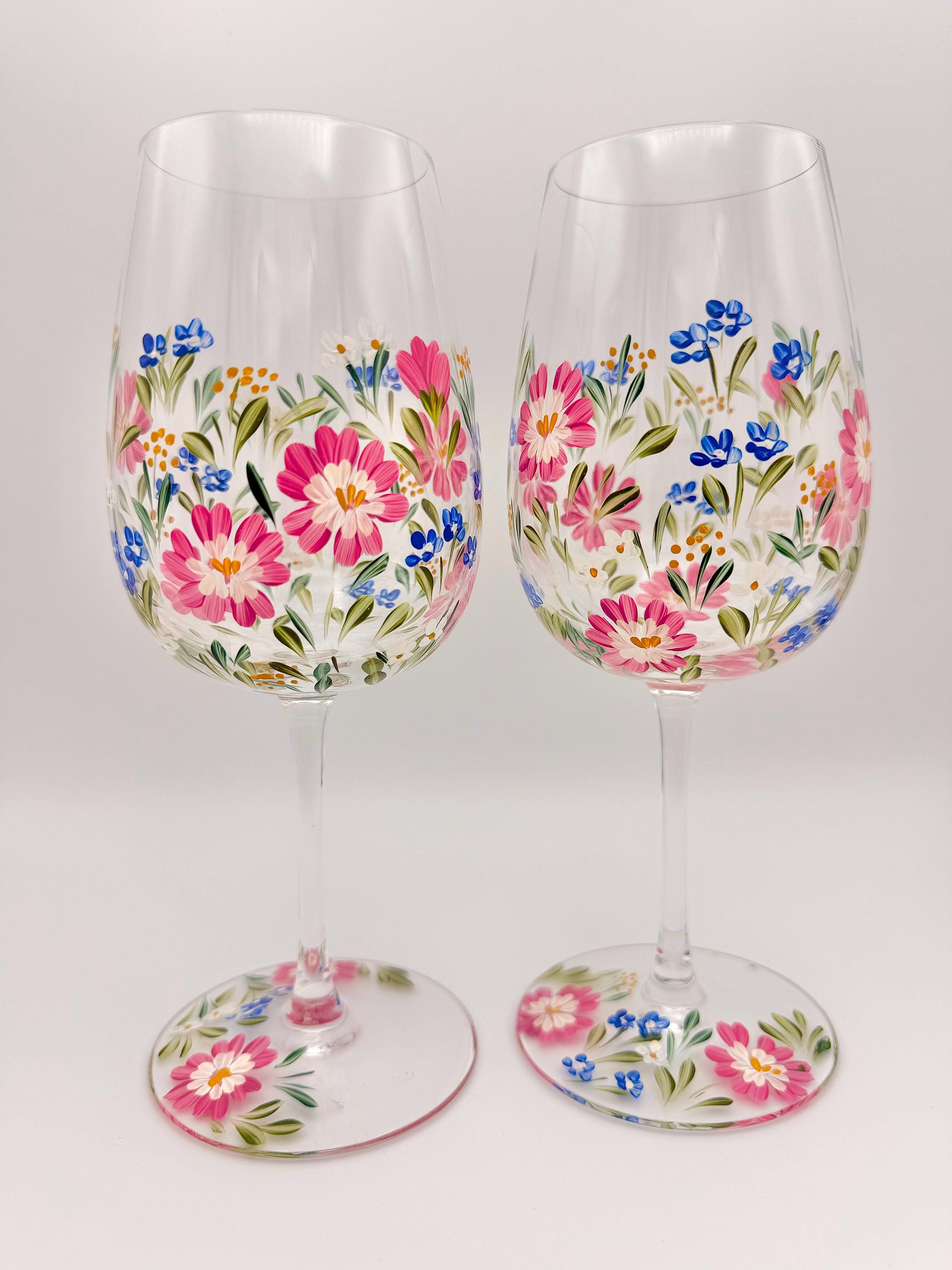 Pink Garden - Hand Painted Floral Wine Glass 17 oz
