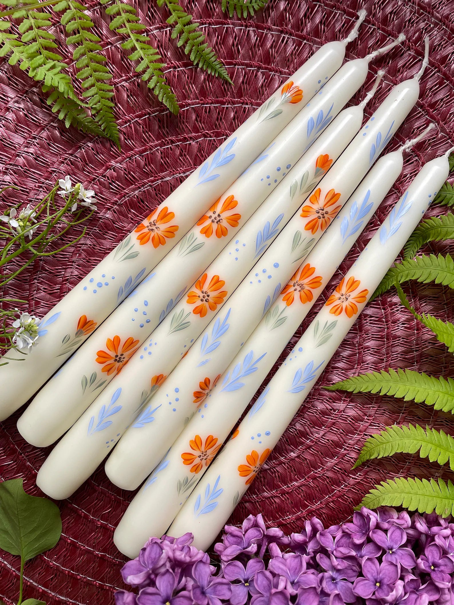 Orange Flowers with Blue Leaf- Set of 2 Hand Painted Taper Candles