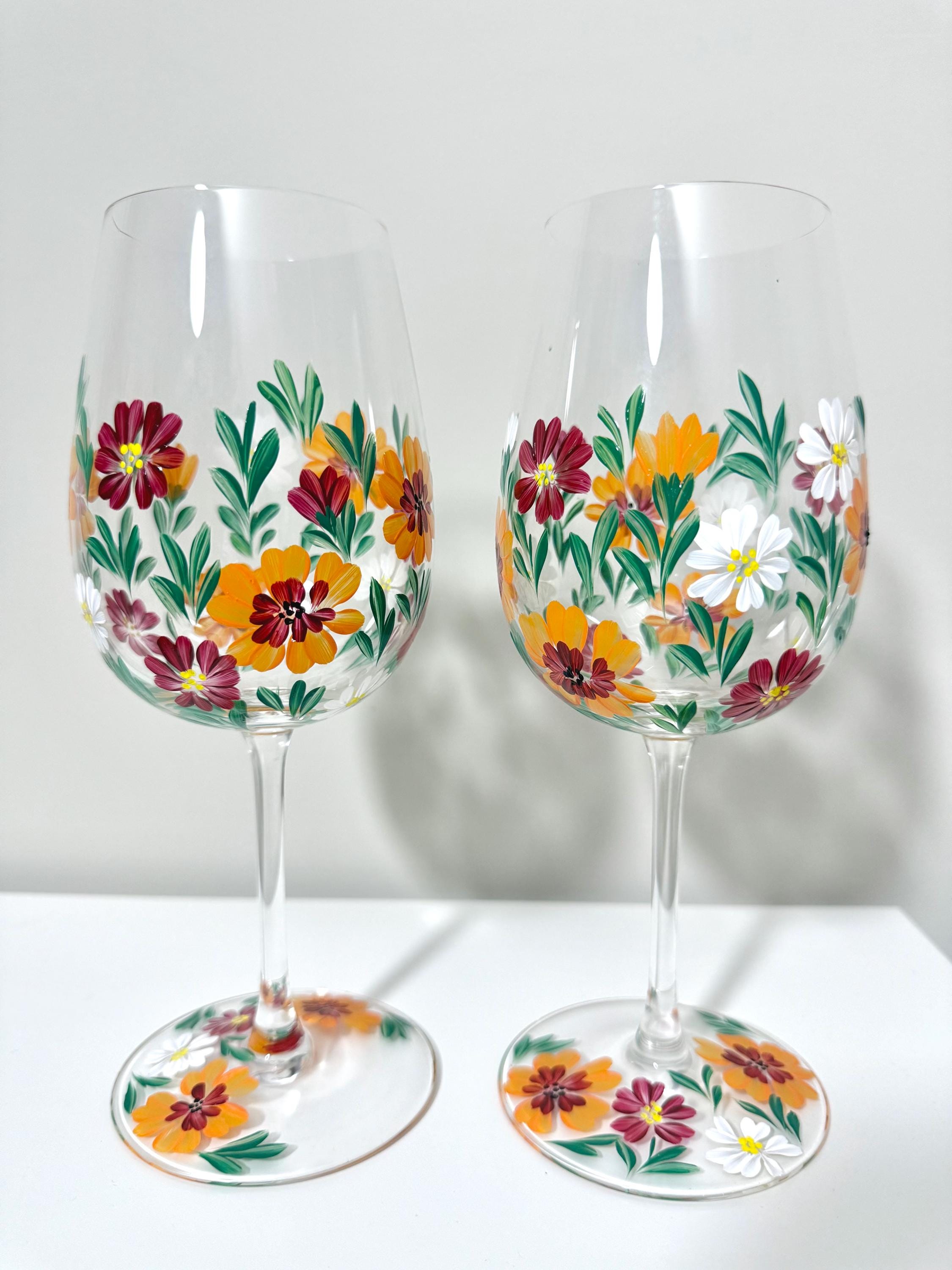 Fall Garden- Hand Painted Floral Wine Glass 17 oz