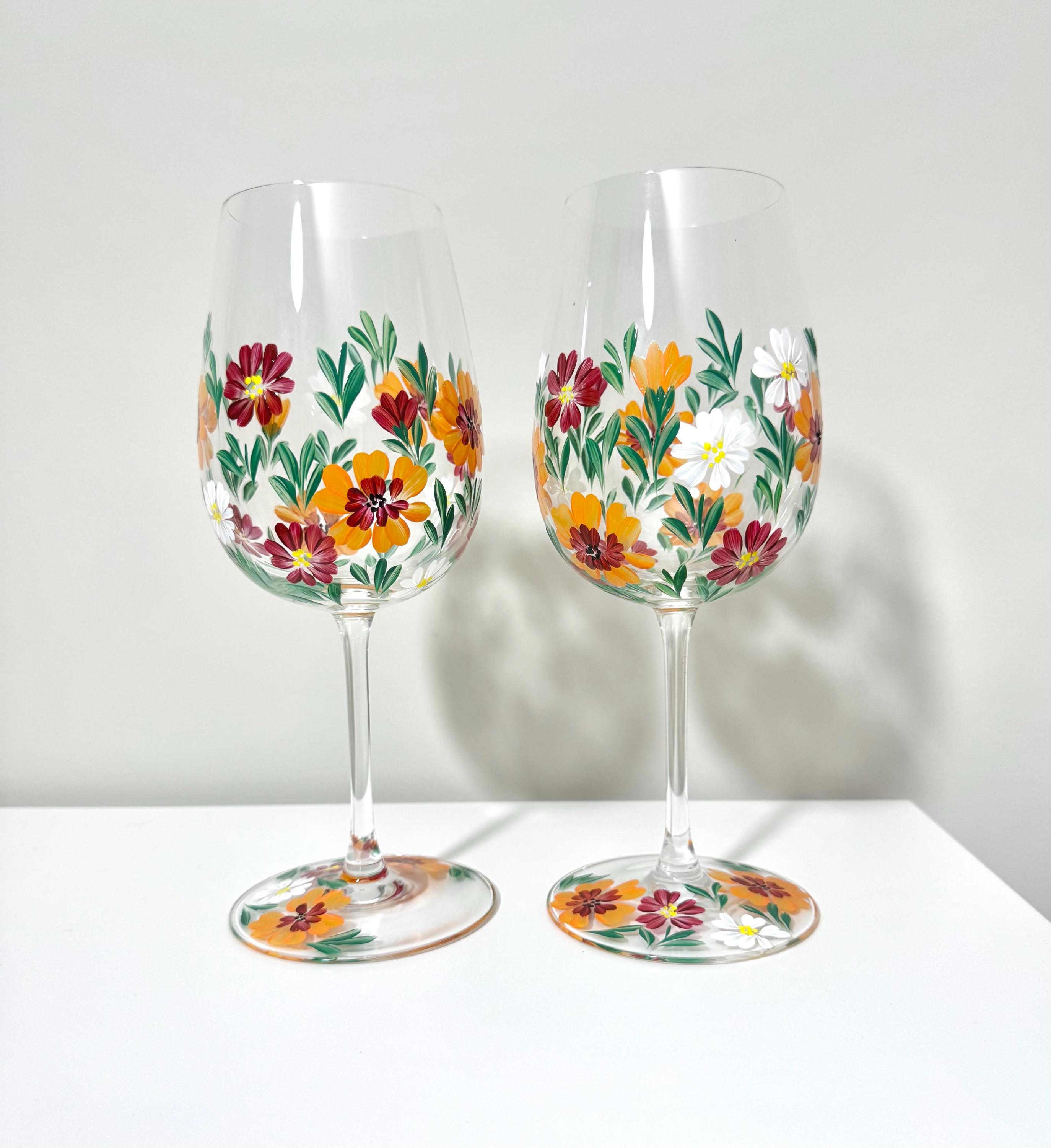 Fall Garden- Hand Painted Floral Wine Glass 17 oz