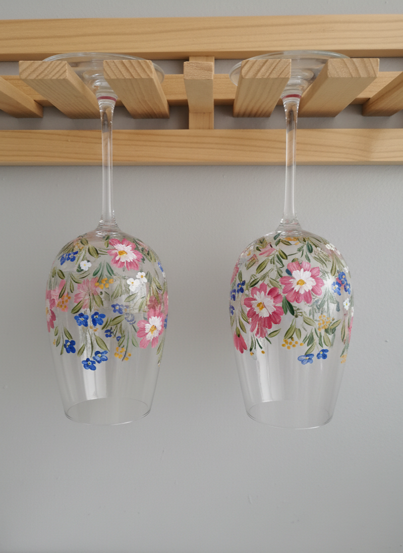 Pink Garden - Hand Painted Floral Wine Glass 17 oz